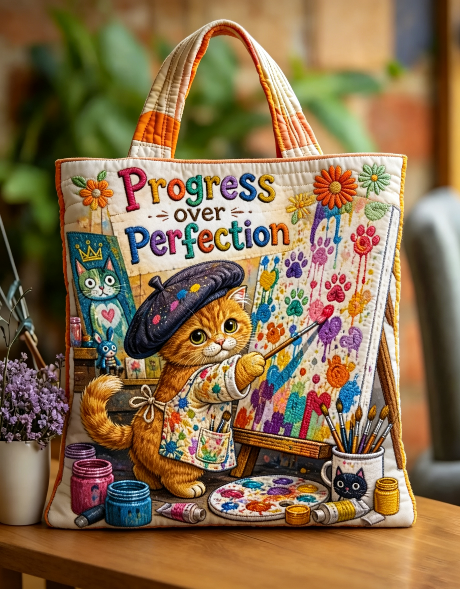 Handmade Painter Cat Progress Over Perfection Tote