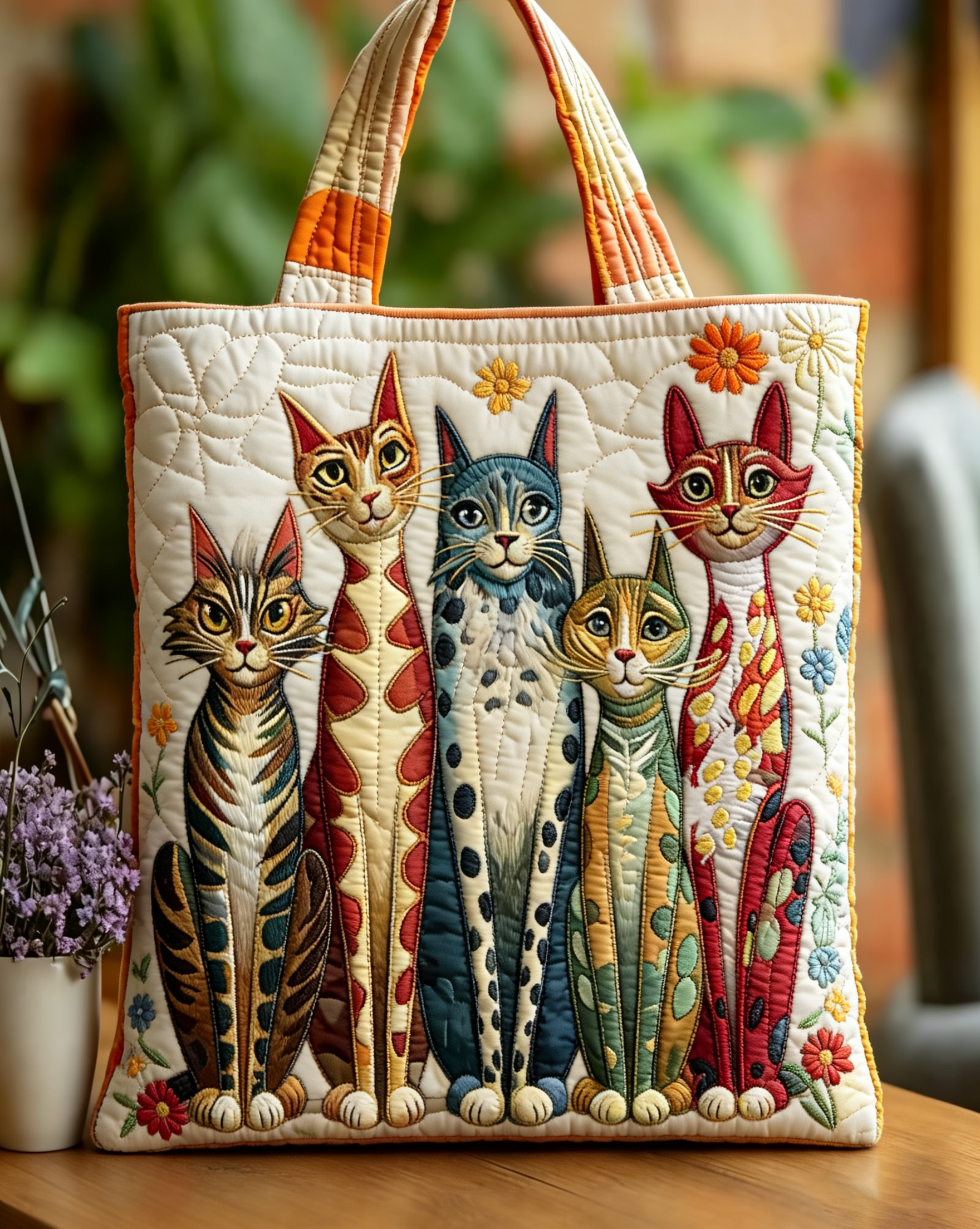 Handmade Colorful Folk Art Cats Quilted Tote Bag