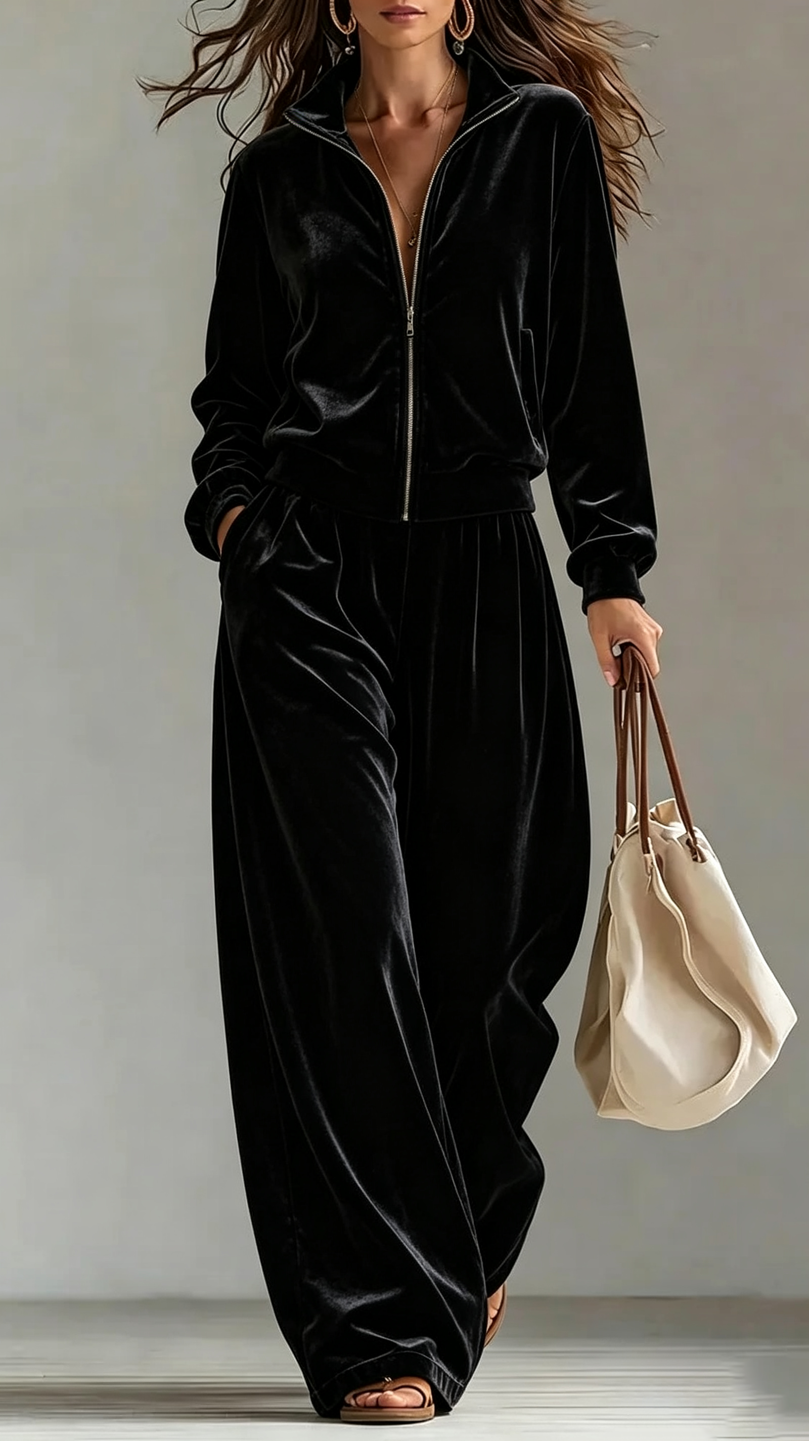 Velour Full‑Zip Stand‑Collar Wide‑Leg Tracksuit Two‑Piece Set