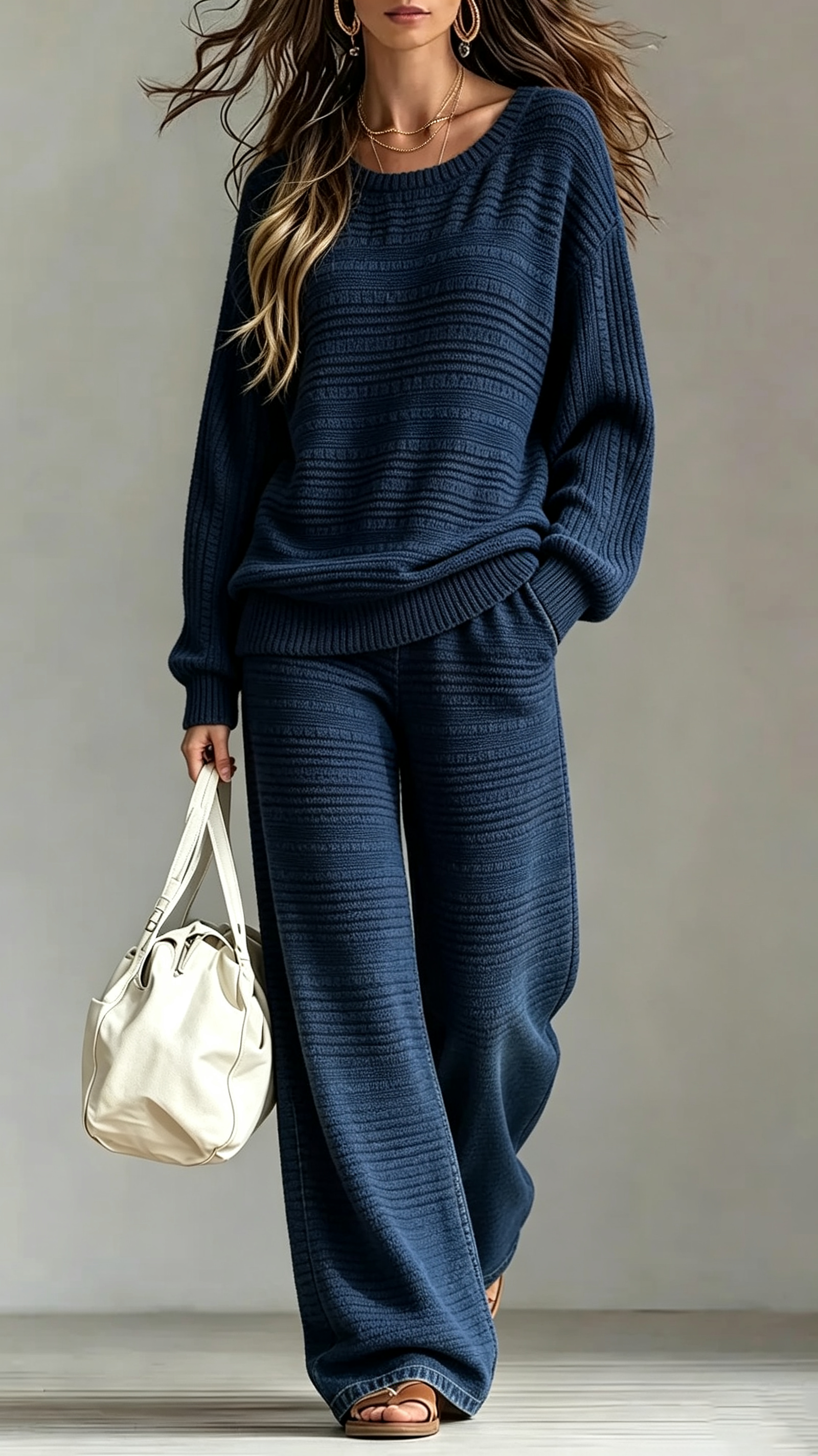 Textured Rib‑Knit Crew Neck Wide‑Leg Knit Two‑Piece Set