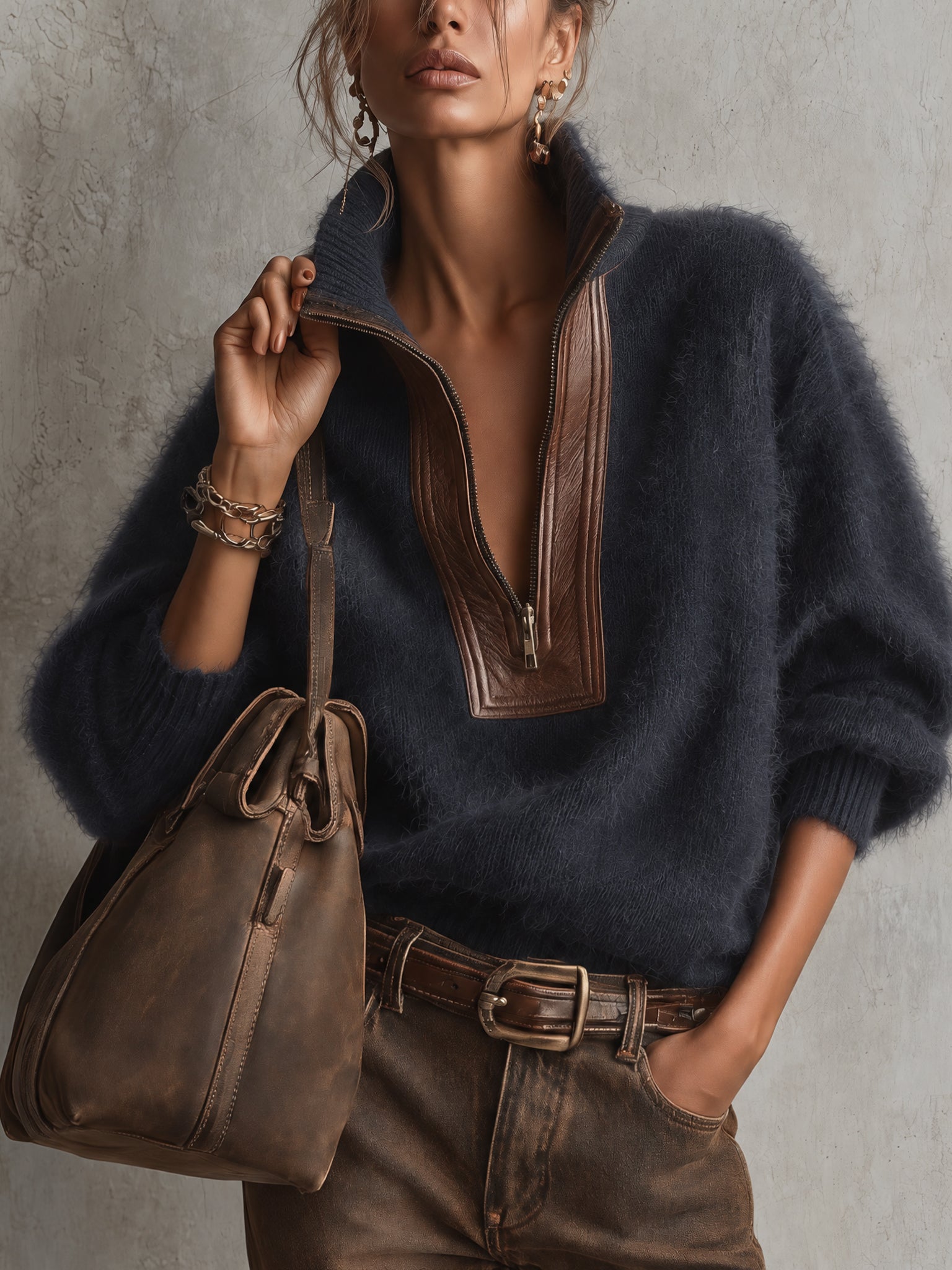 Blue Oversized Mohair Pu Leather Trim Half Zip Sweater