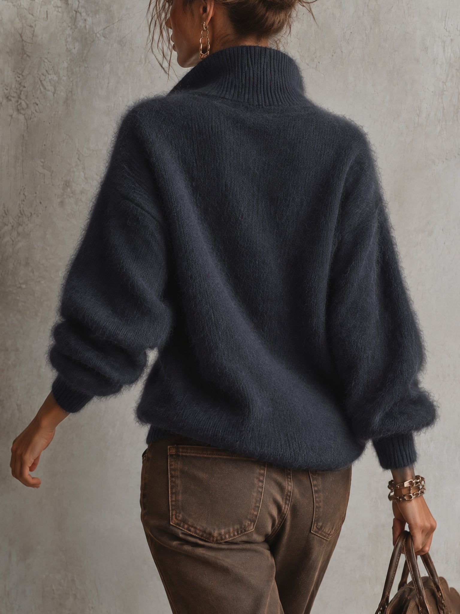 Blue Oversized Mohair Pu Leather Trim Half Zip Sweater
