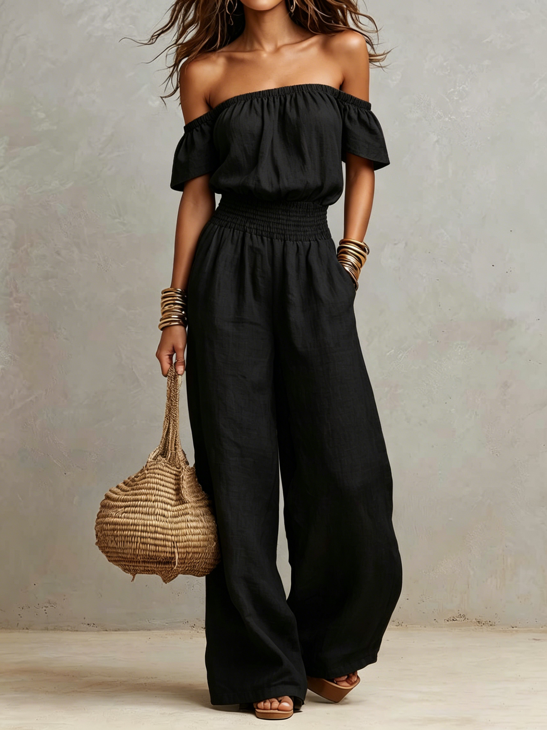 Linen-Look Off-Shoulder Smocked Waist Jumpsuit