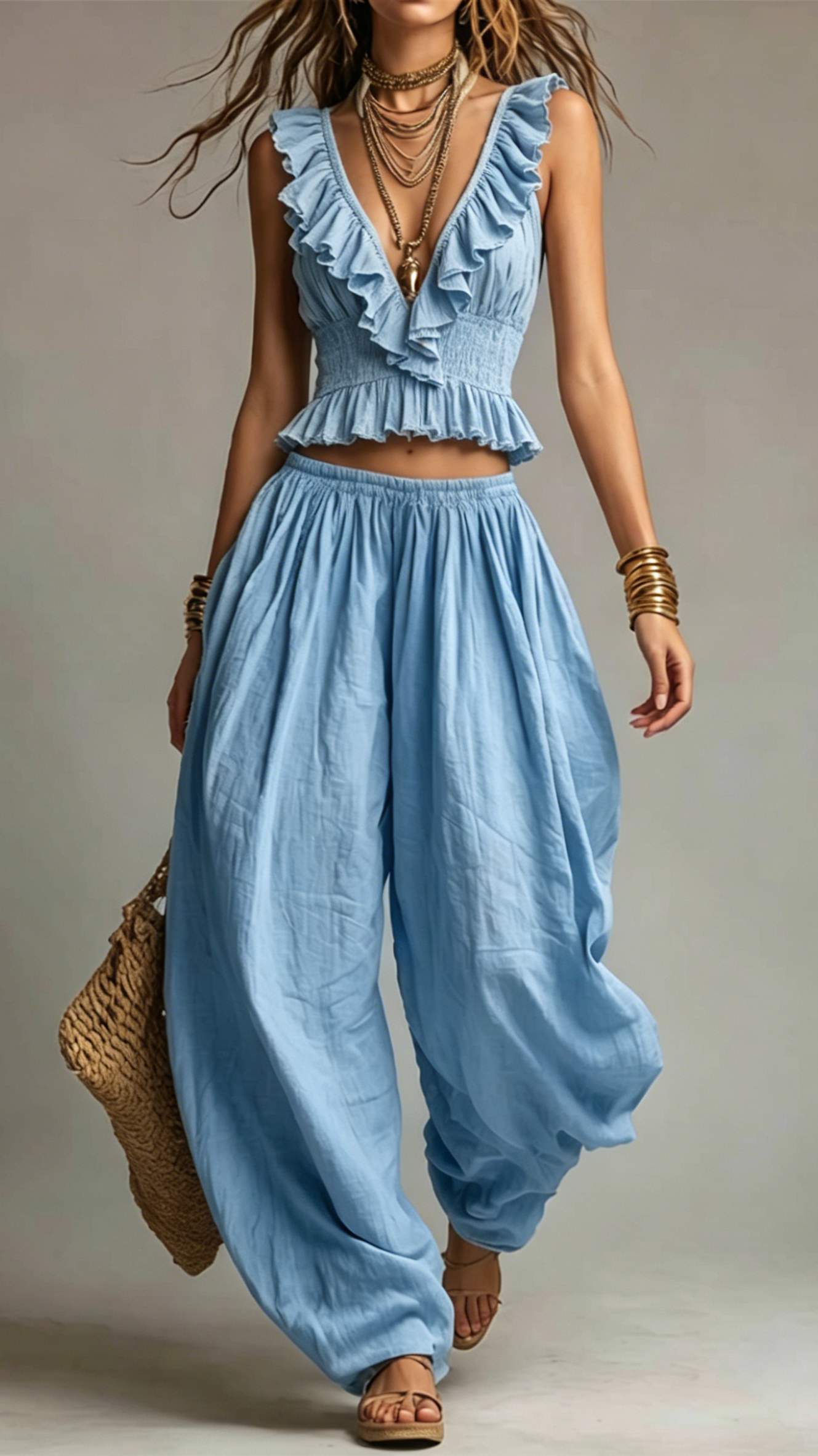 Chic Ruffle Trim V-Neck Smocked Crop Top & Elastic Waist Harem Wide Leg Pants Two Piece Matching Set