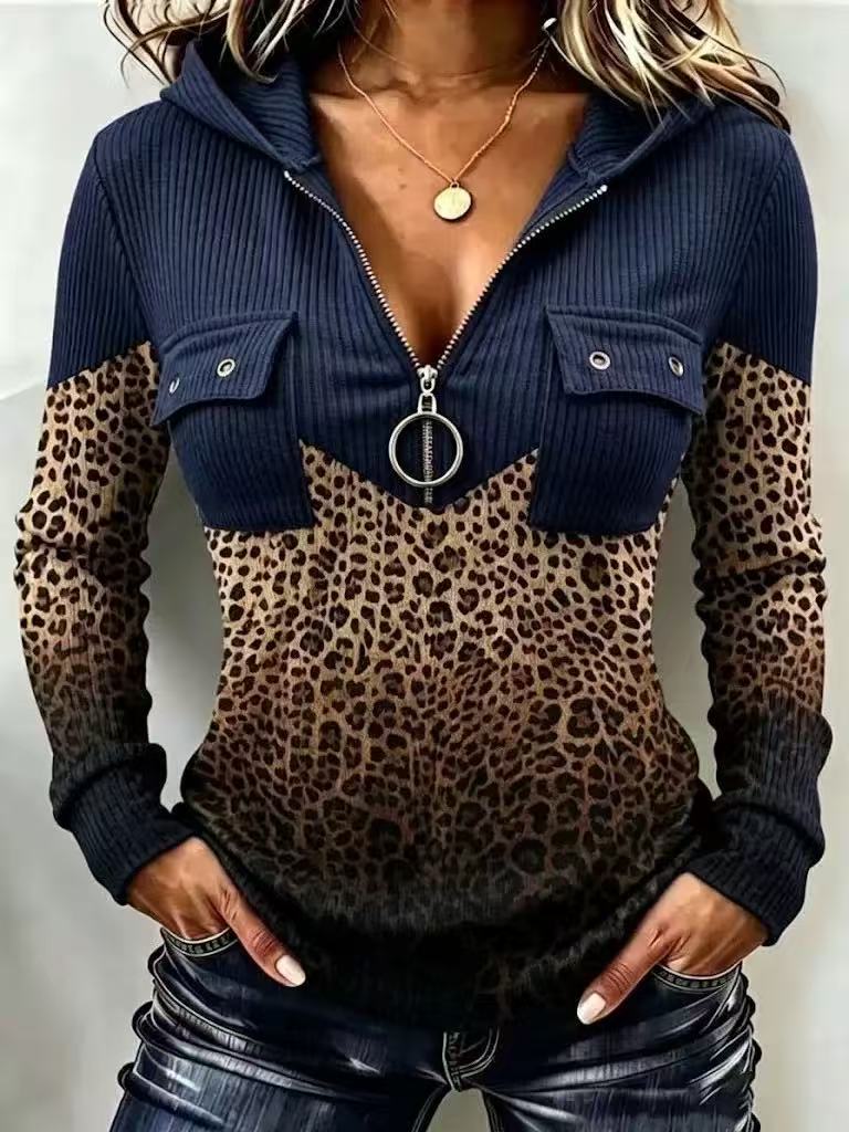 Leopard Print V-Neck Hooded Long Sleeve Sweatshirt