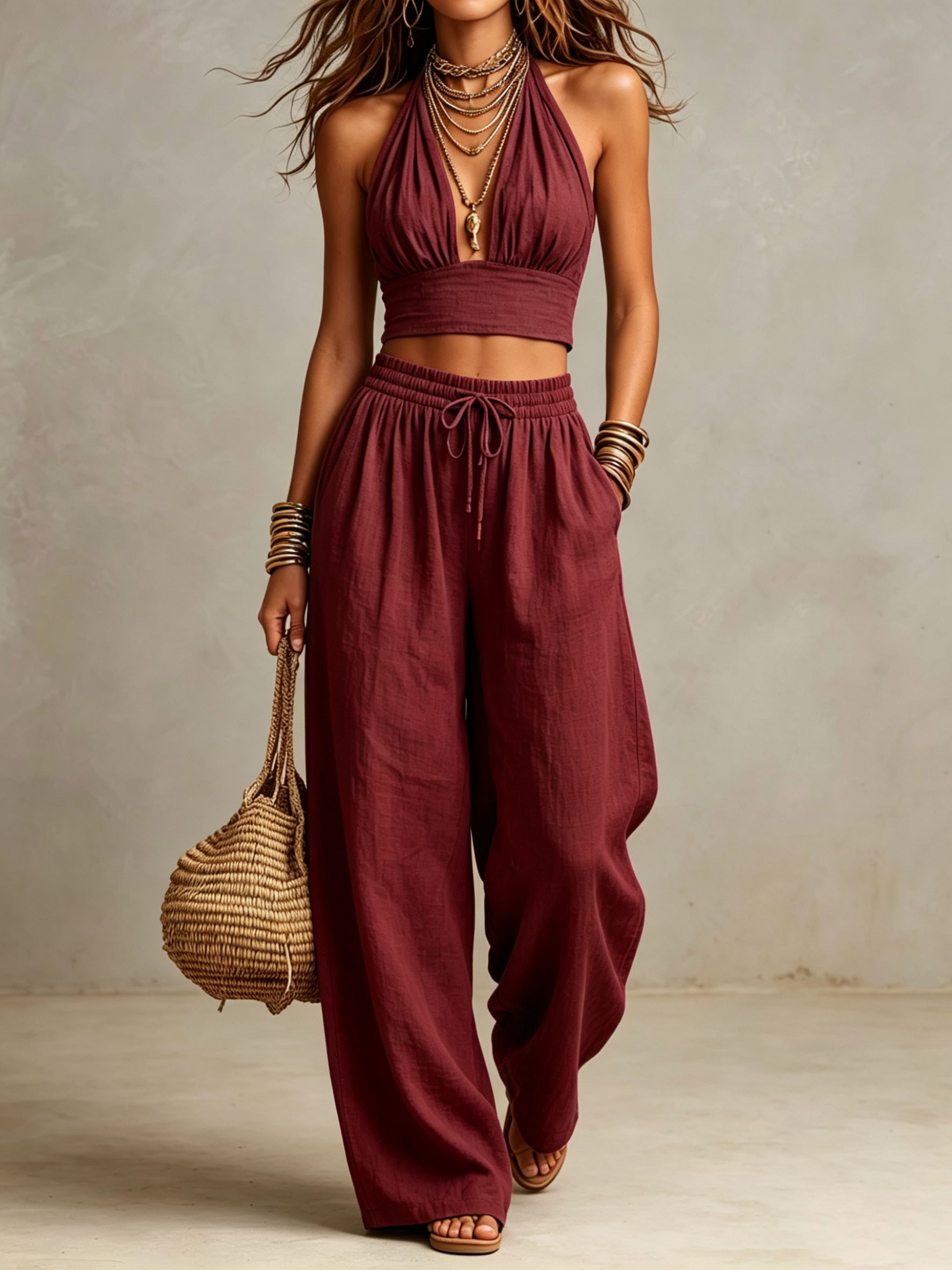 Halter Ruched Linen Two-Piece Wide Leg Set