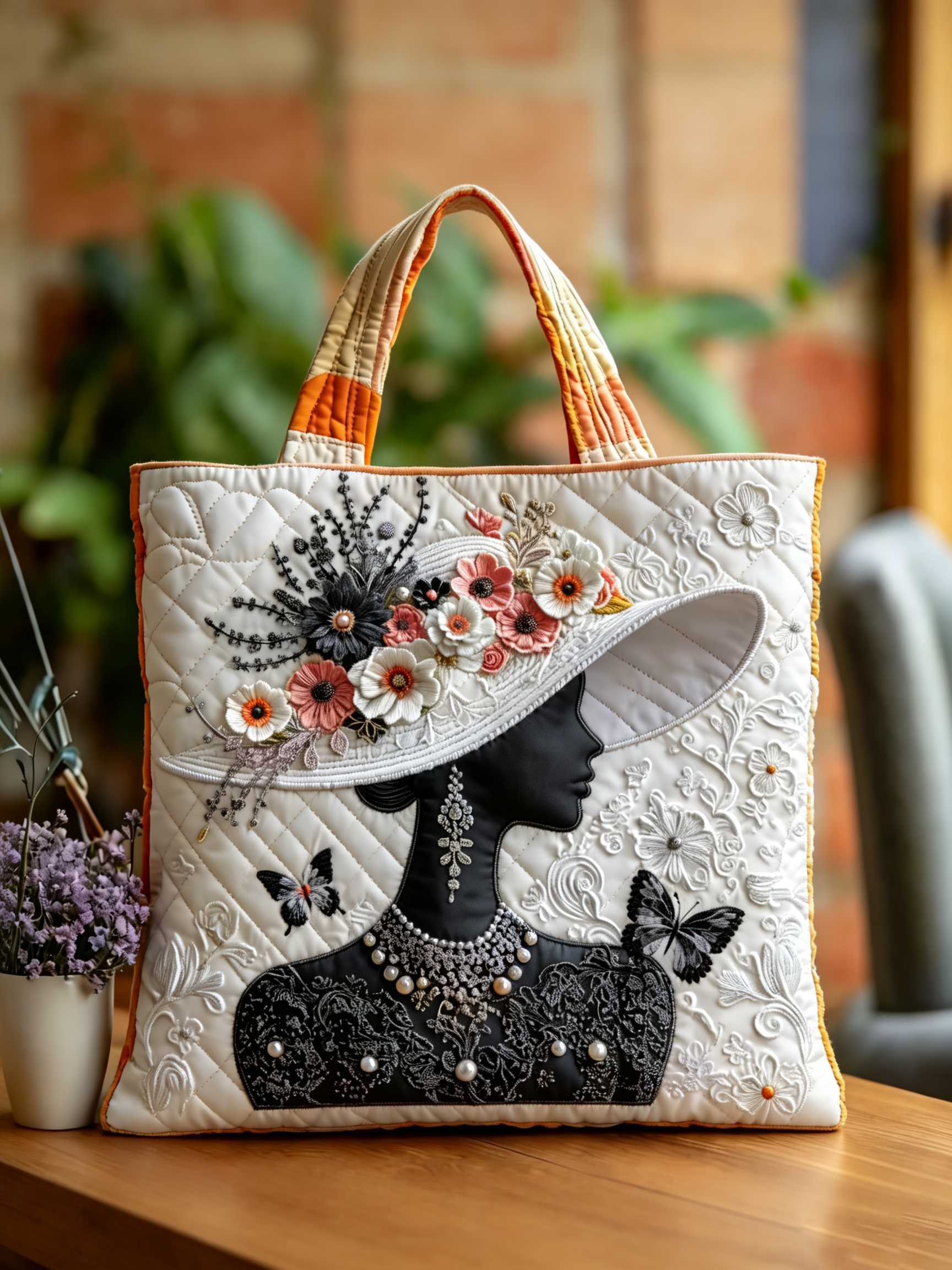 Handmade Vintage Lady Silhouette Floral Quilted Tote Bag