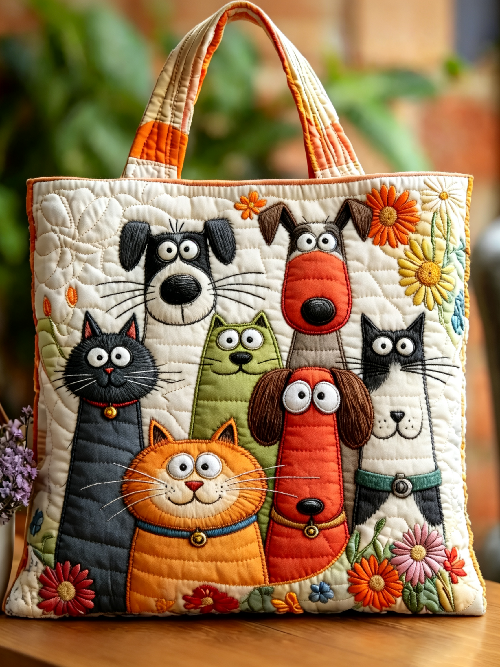 Handmade Cute Cats And Dogs Floral Patchwork Quilted Tote Bag