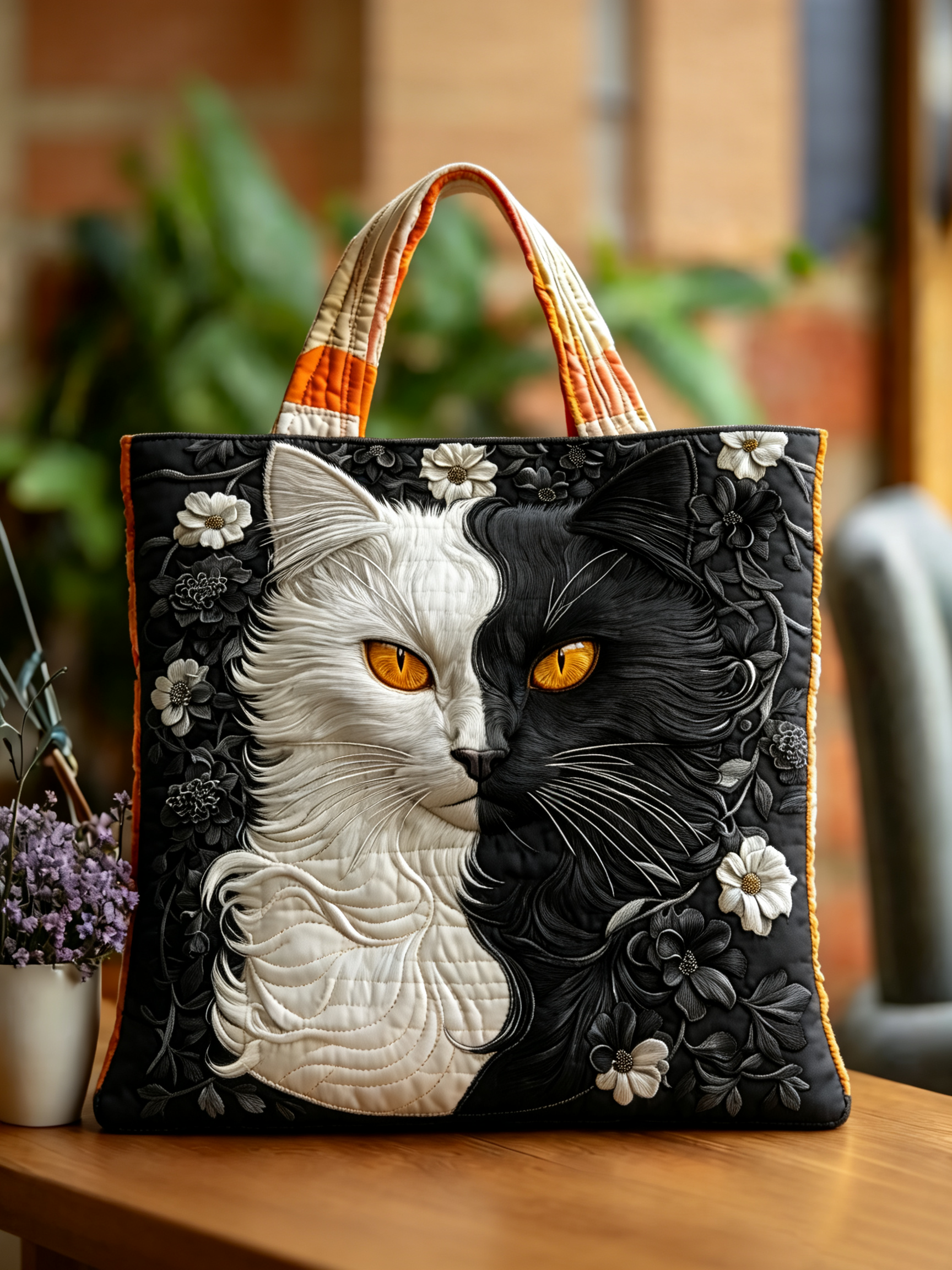 Handmade Yin‑Yang Black White Cat Floral Quilted Tote Bag