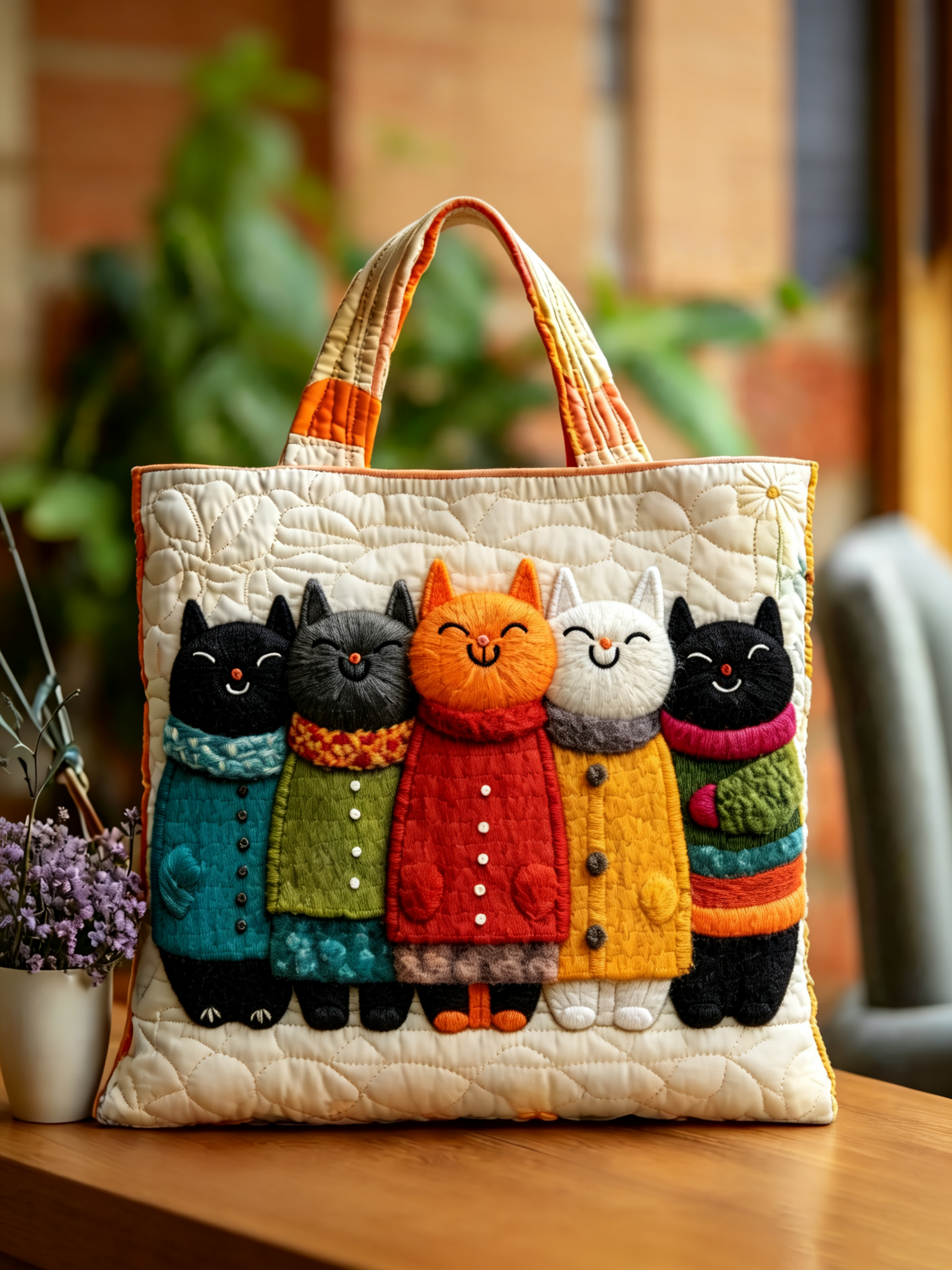 Handmade Cozy Winter Kitten Crew Embroidered Quilted Tote Bag