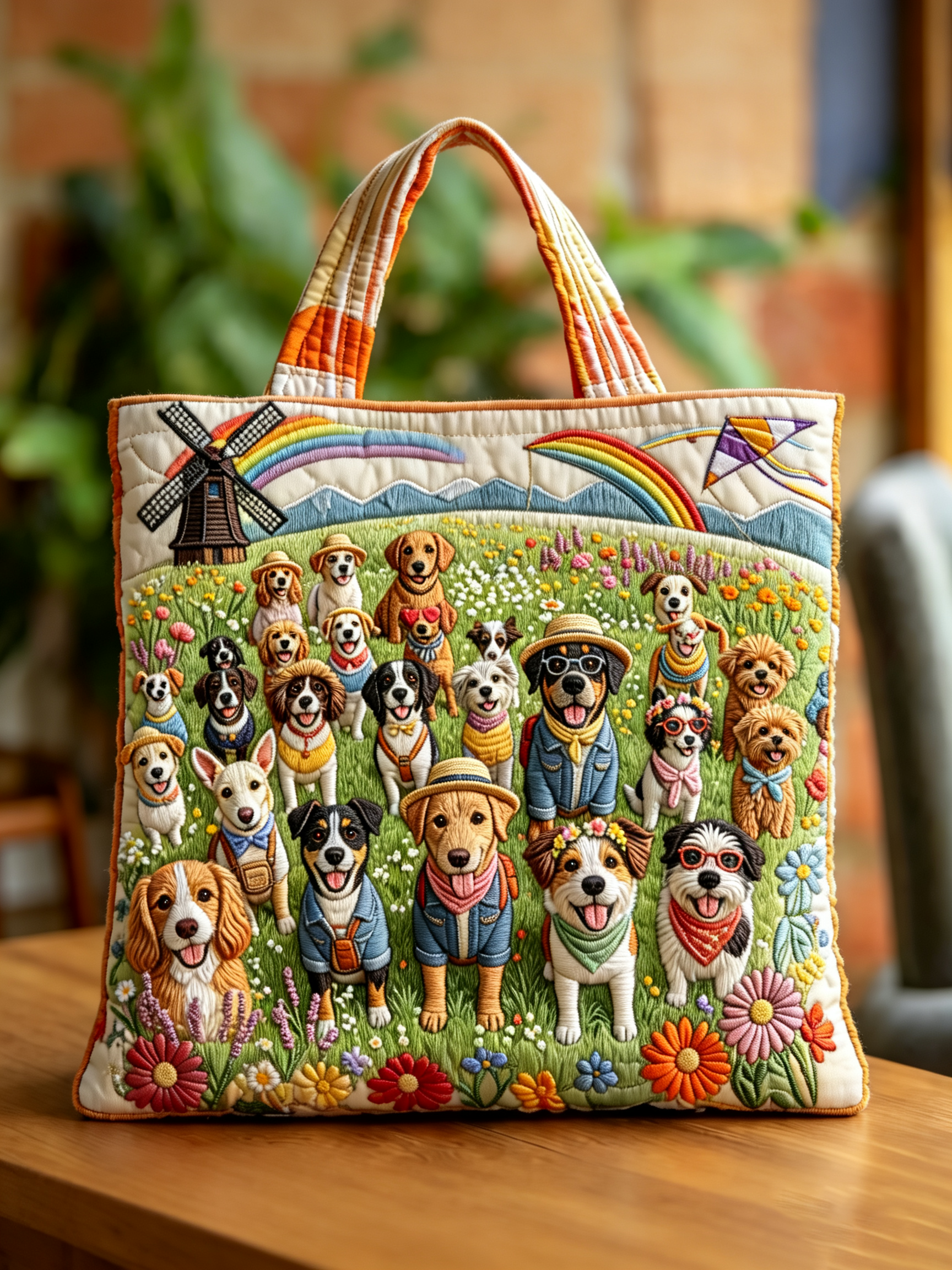 Handmade Happy Dog Meadow Rainbow Quilted Tote Bag