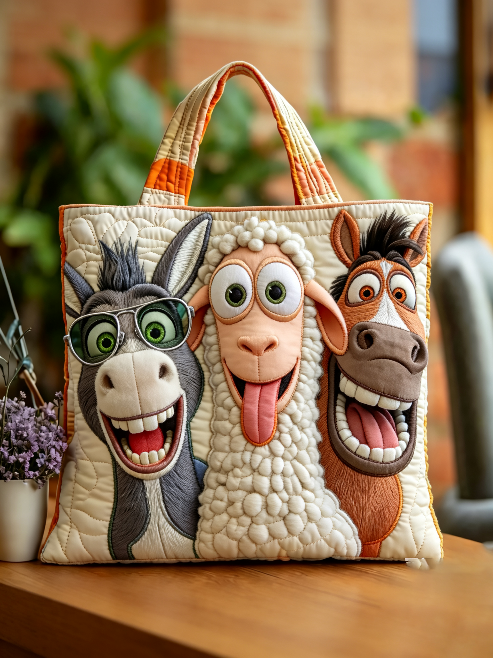 Handmade Funny Donkey Sheep Horse Cartoon Quilted Tote Bag