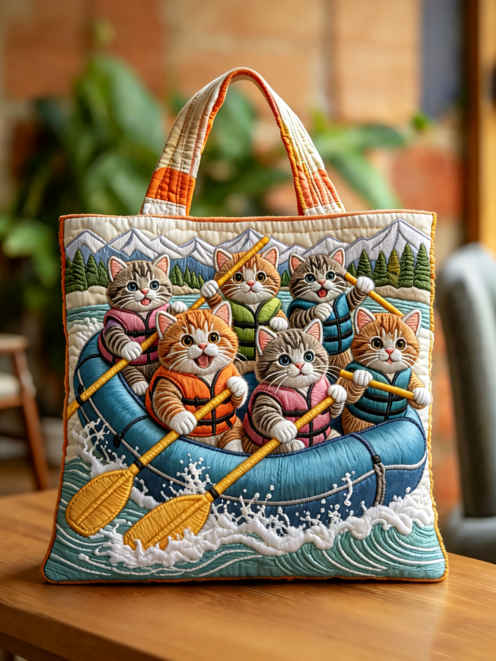 Handmade Rafting Adventure Kittens Quilted Tote Bag