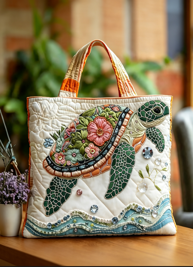 Handmade Floral Sea Turtle Rhinestone Quilted Tote Bag