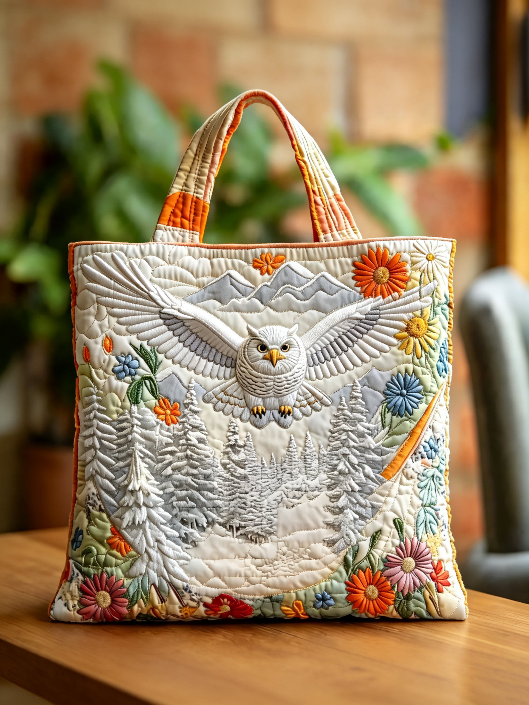 Handmade Flying Snowy Owl Mountain Scenery Quilted Tote Bag