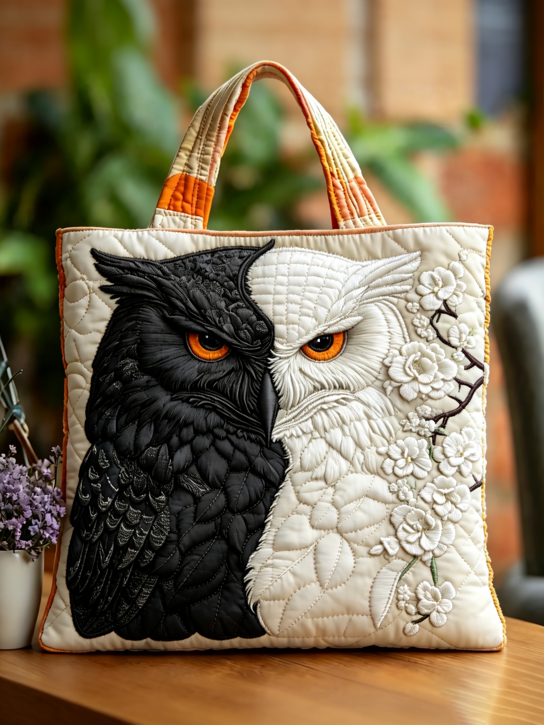 Handmade Yin‑Yang Black White Owl Floral Quilted Tote Bag