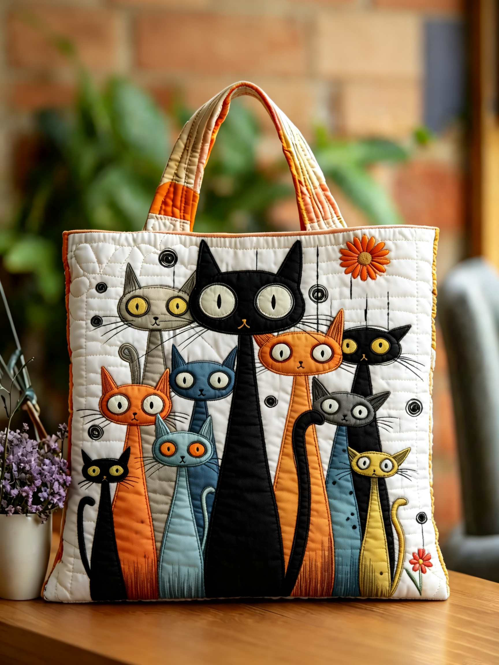 Handmade Tall Stylized Cats Art Quilted Tote Bag