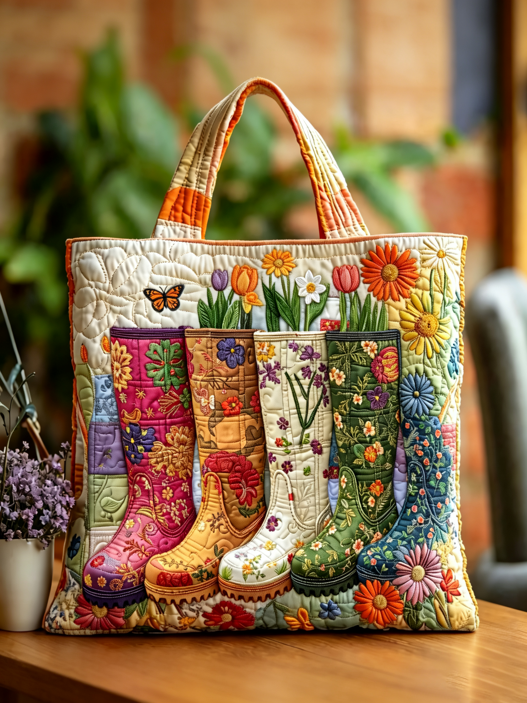 Handmade Floral Garden Rain Boots Quilted Tote Bag