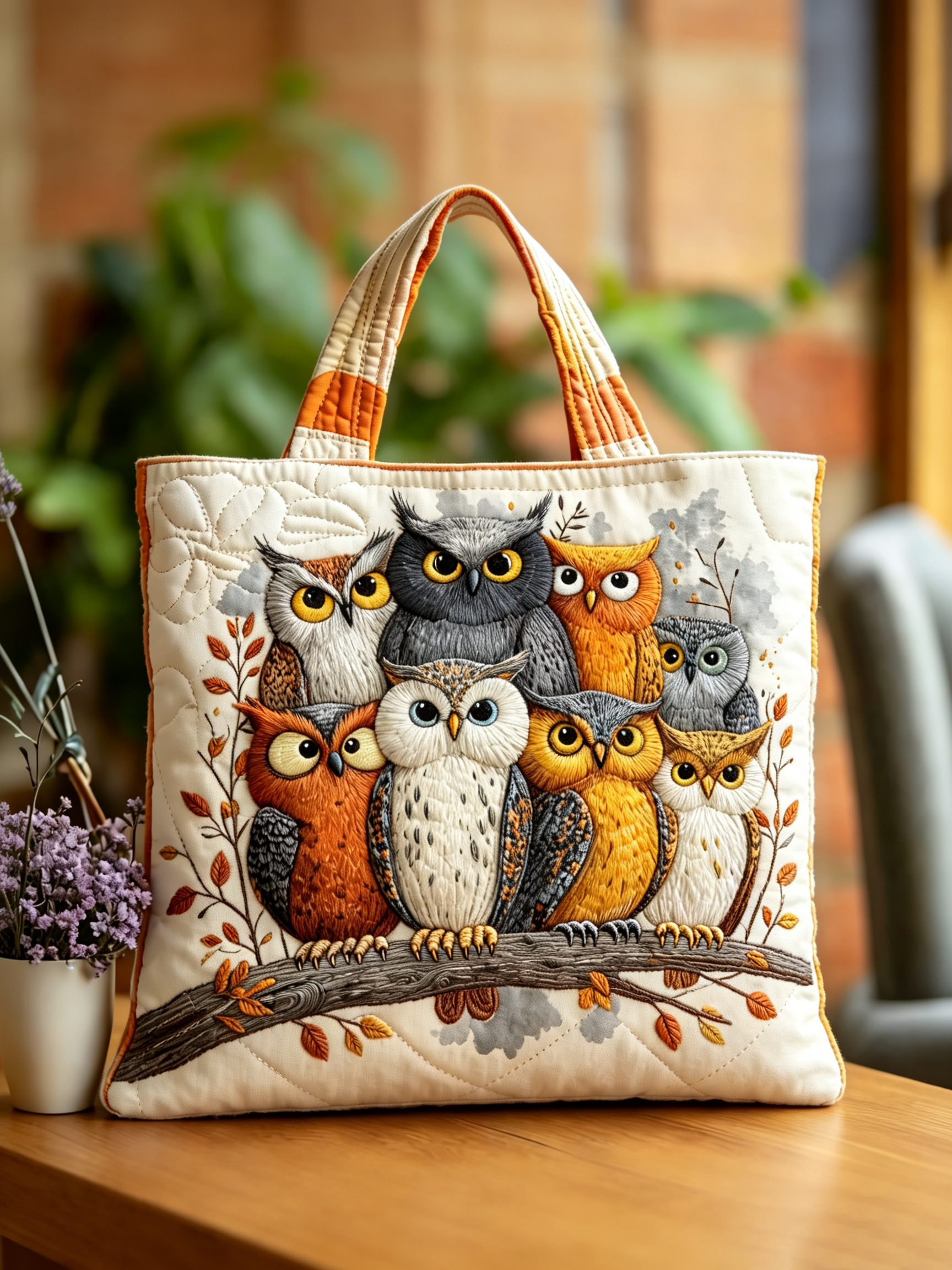 Handmade Owl Family Autumn Branch Quilted Tote Bag