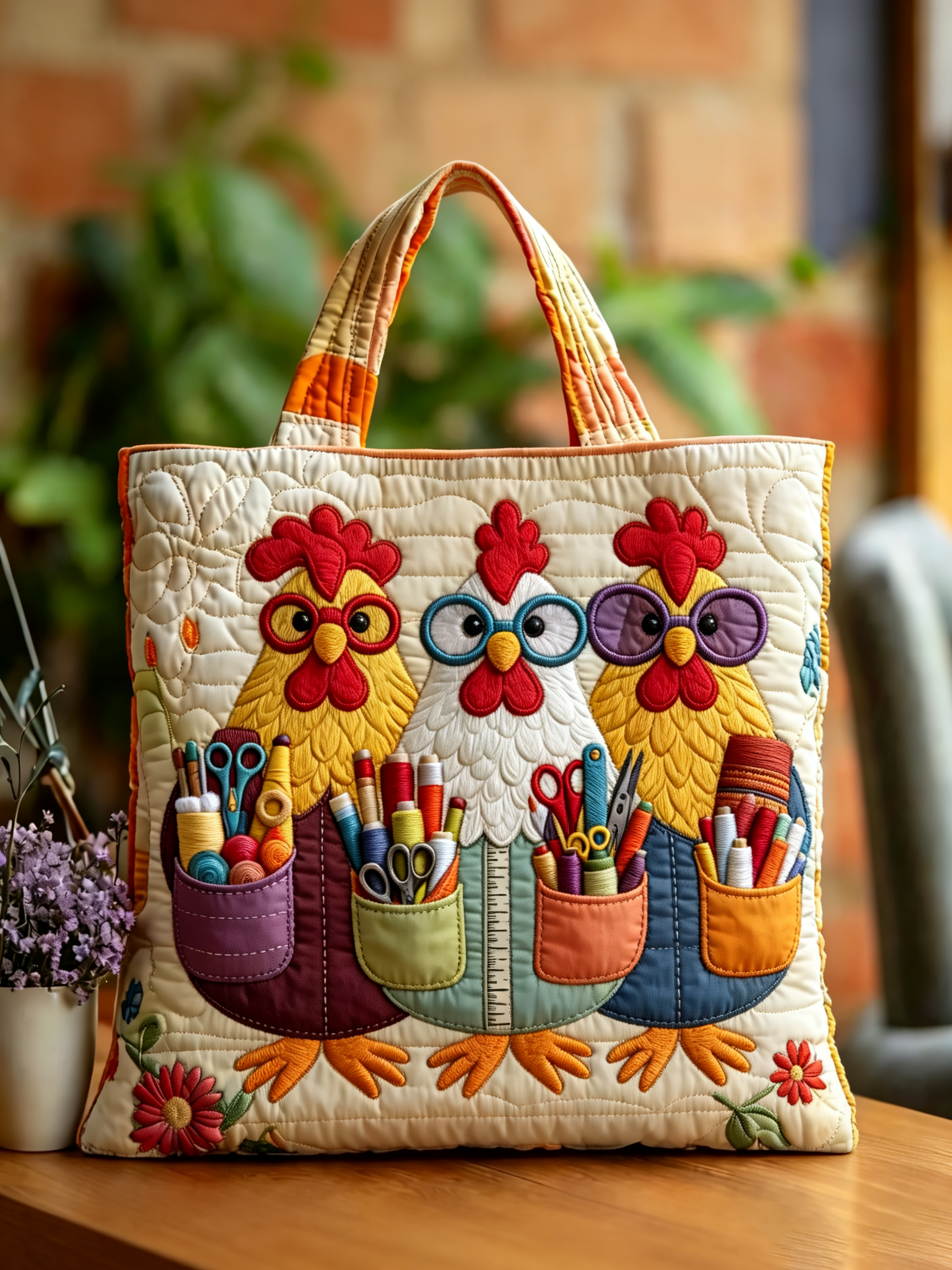 Handmade Sewing Chicken Crew Quilted Tote Bag