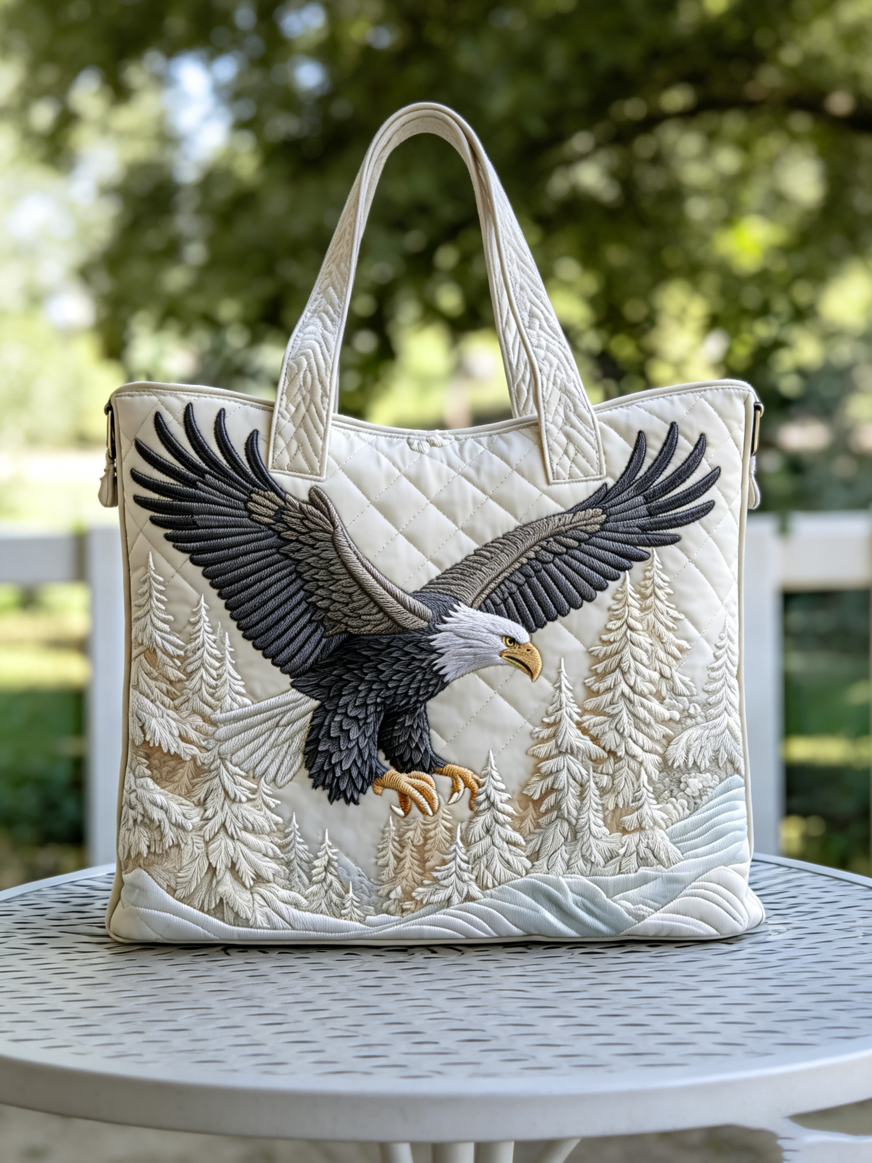 Handmade Bald Eagle Forest Landscape Quilted Tote Bag