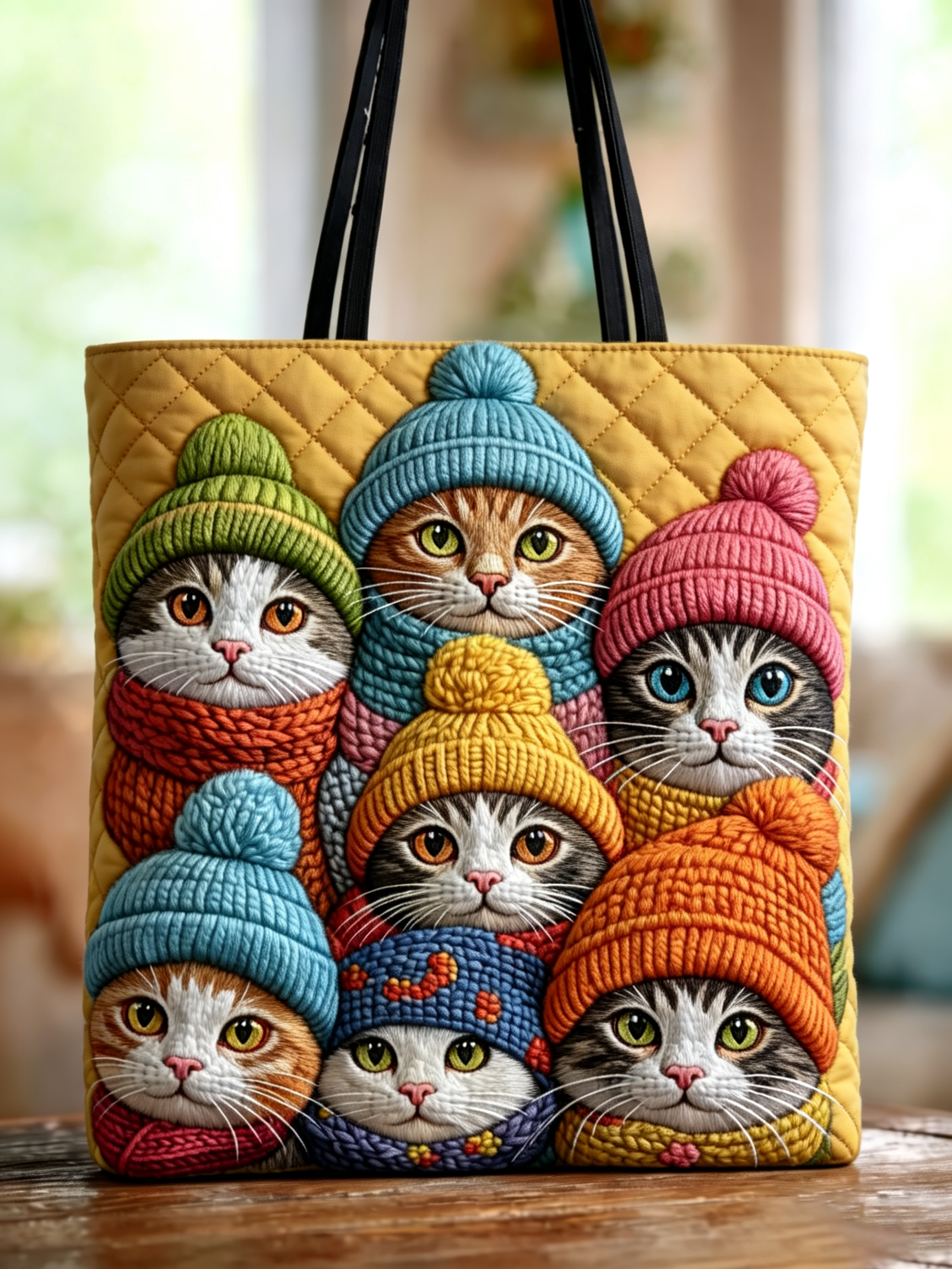Handmade Winter Knit‑Hat Kittens Quilted Tote Bag
