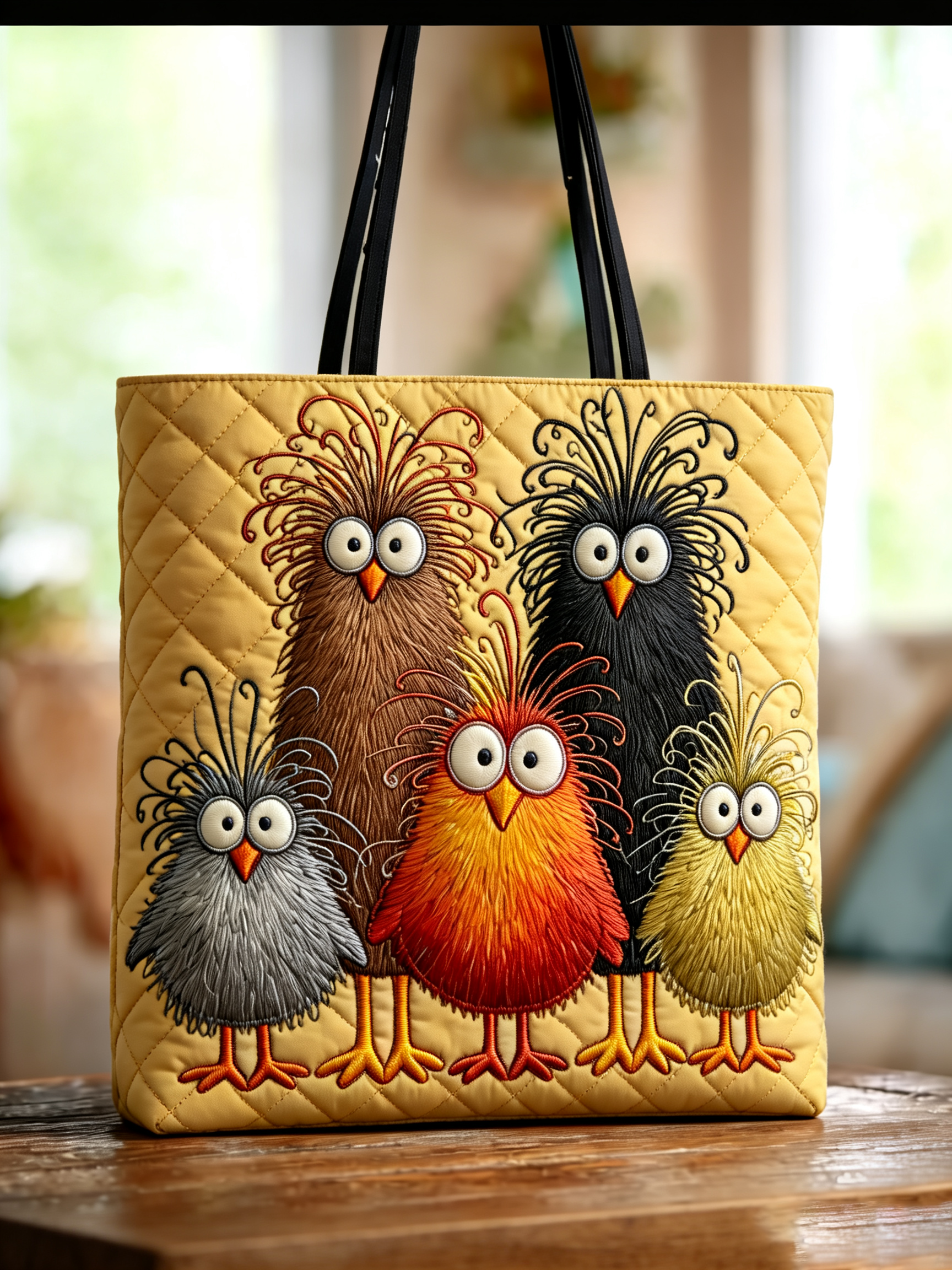 Handmade Whimsical Funny Fluffy Birds Quilted Tote Bag