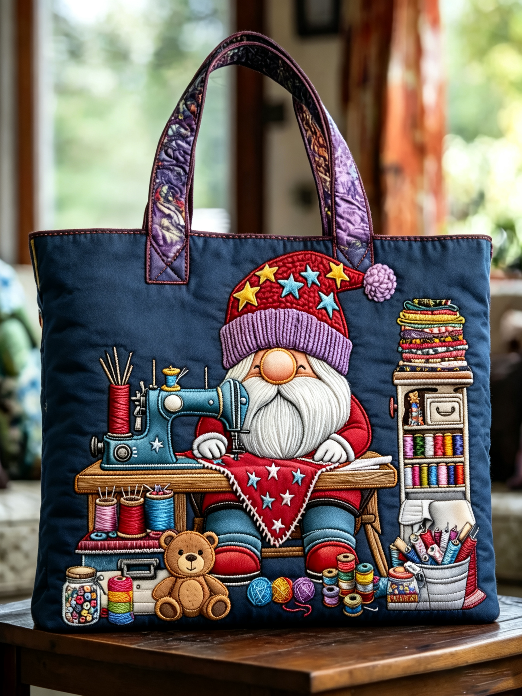 Handmade Sewing Gnome Craft Themed Quilted Tote Bag