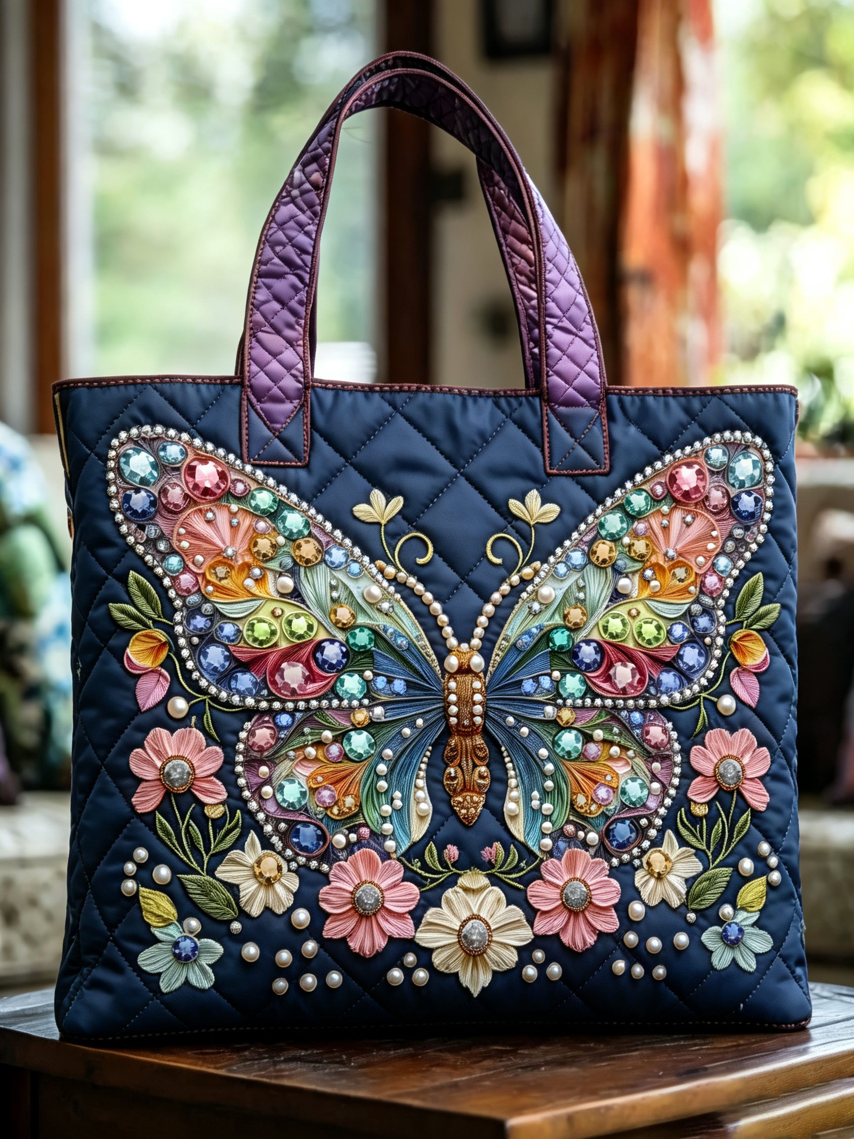 Handmade Gem Pearl Floral Butterfly Quilted Tote Bag