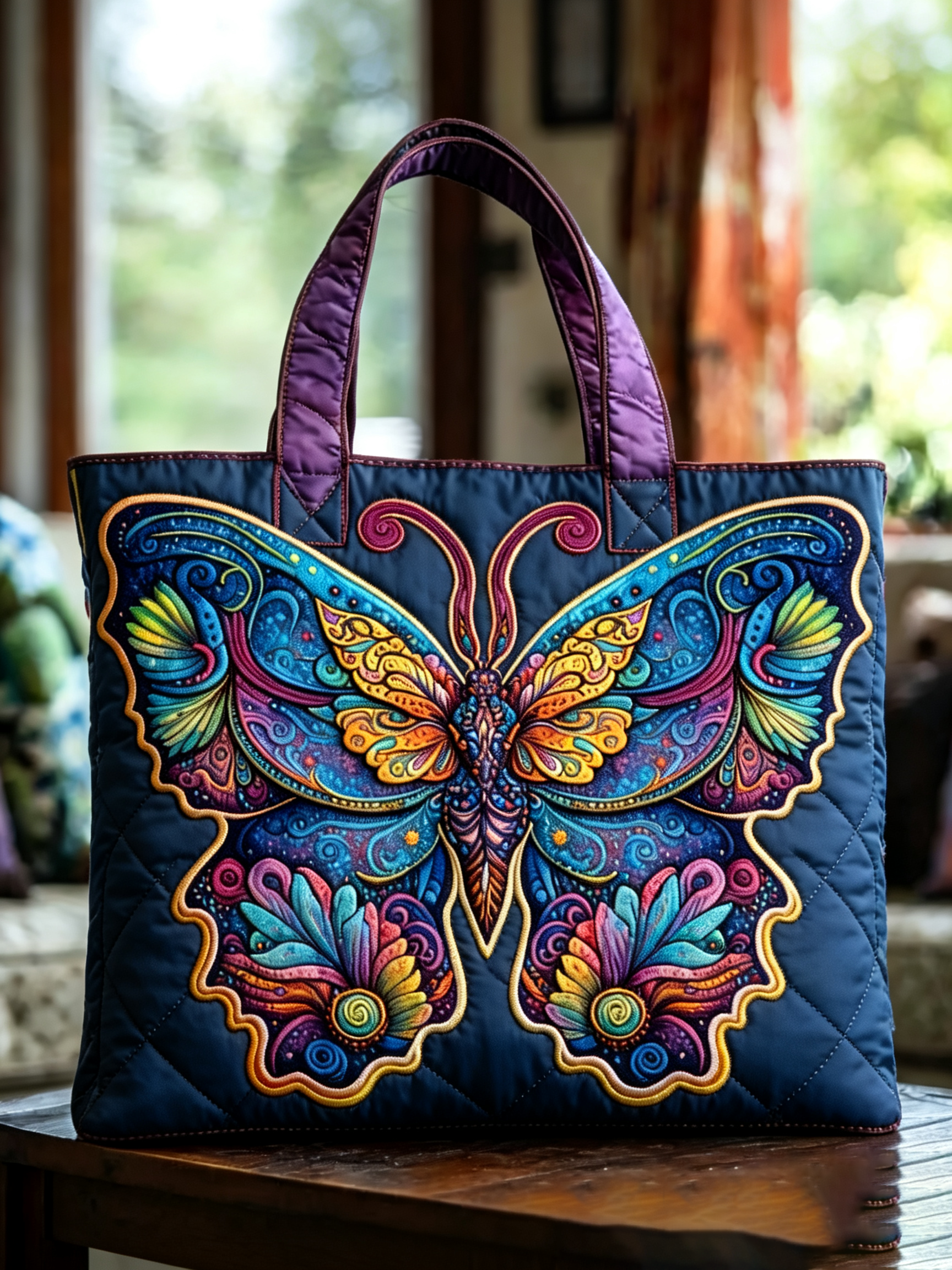 Handmade Bohemian Colorful Butterfly Quilted Tote Bag