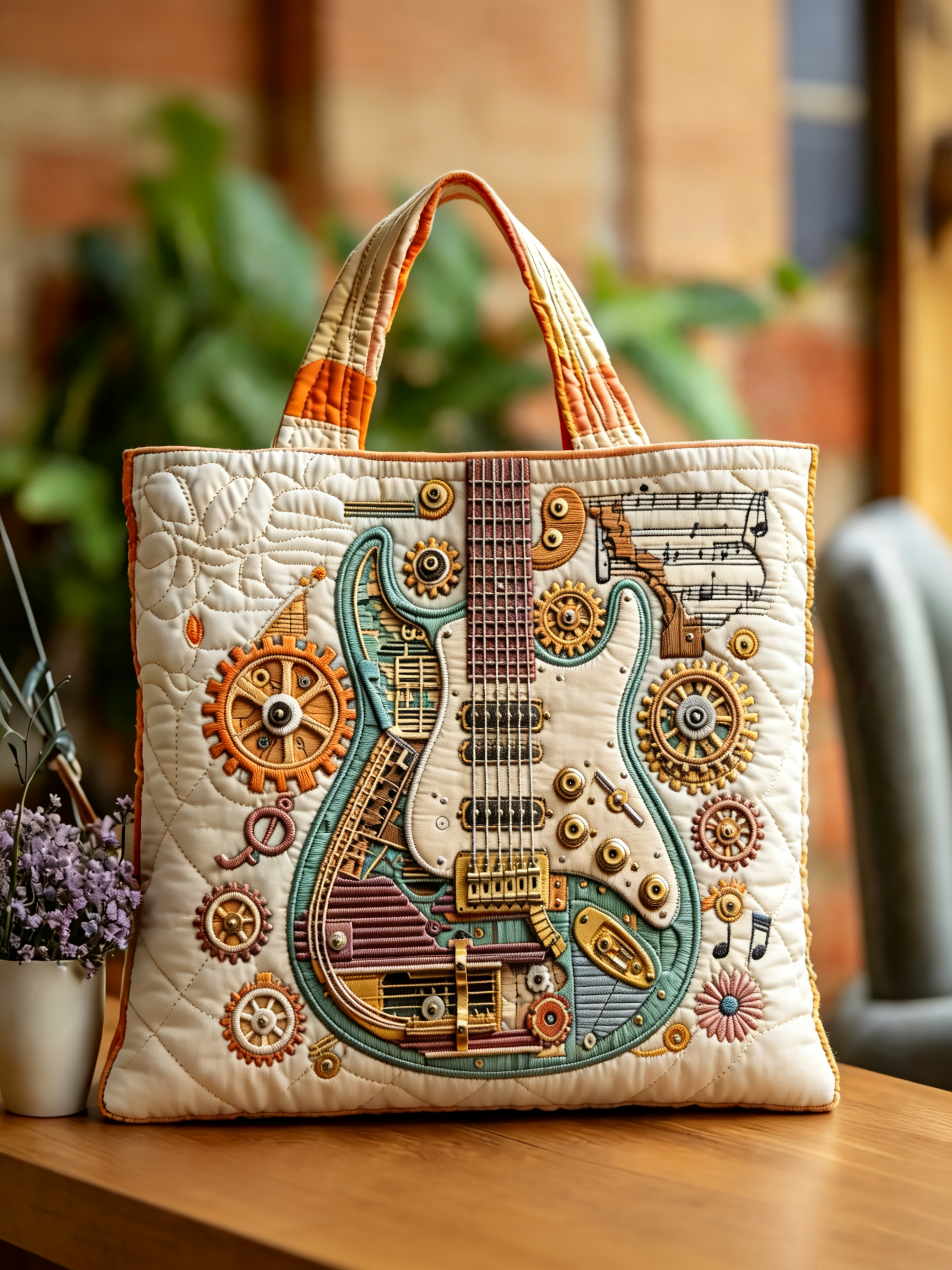 Handmade Steampunk Electric Guitar Gear Quilted Tote Bag