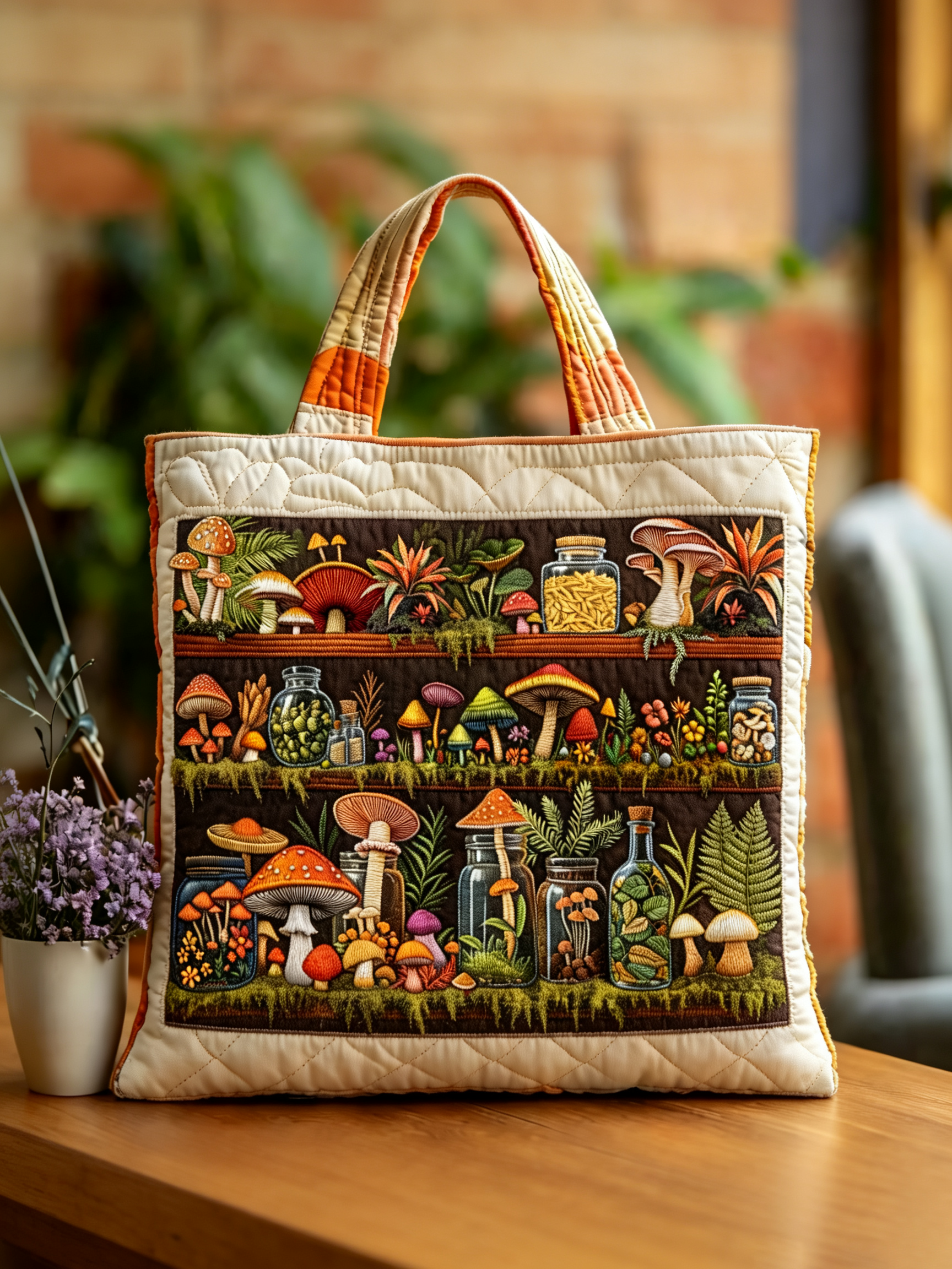 Handmade Wild Mushroom Botanical Shelf Quilted Tote Bag