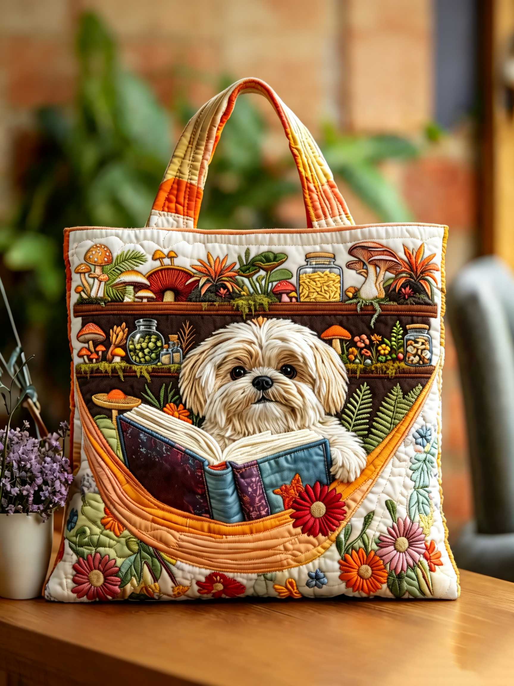 Handmade Puppy Reading Book Mushroom Forest Quilted Tote