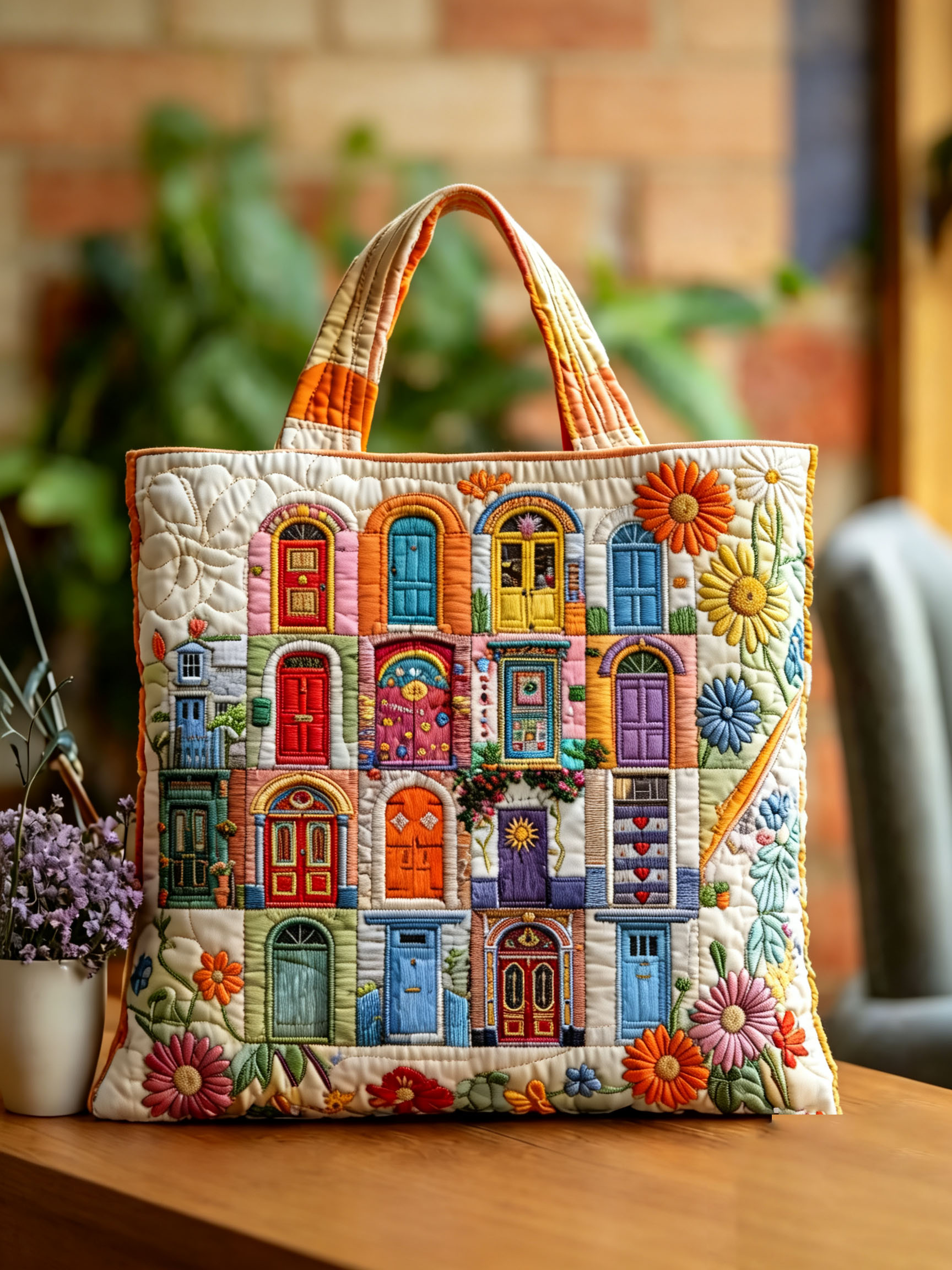 Handmade Colorful Whimsical Door Patchwork Quilted Tote Bag