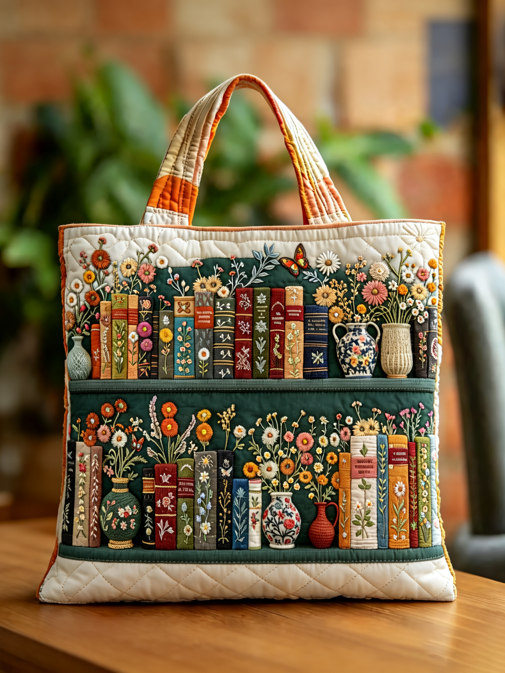 Handmade Vintage Bookshelf Floral Embroidered Quilted Tote