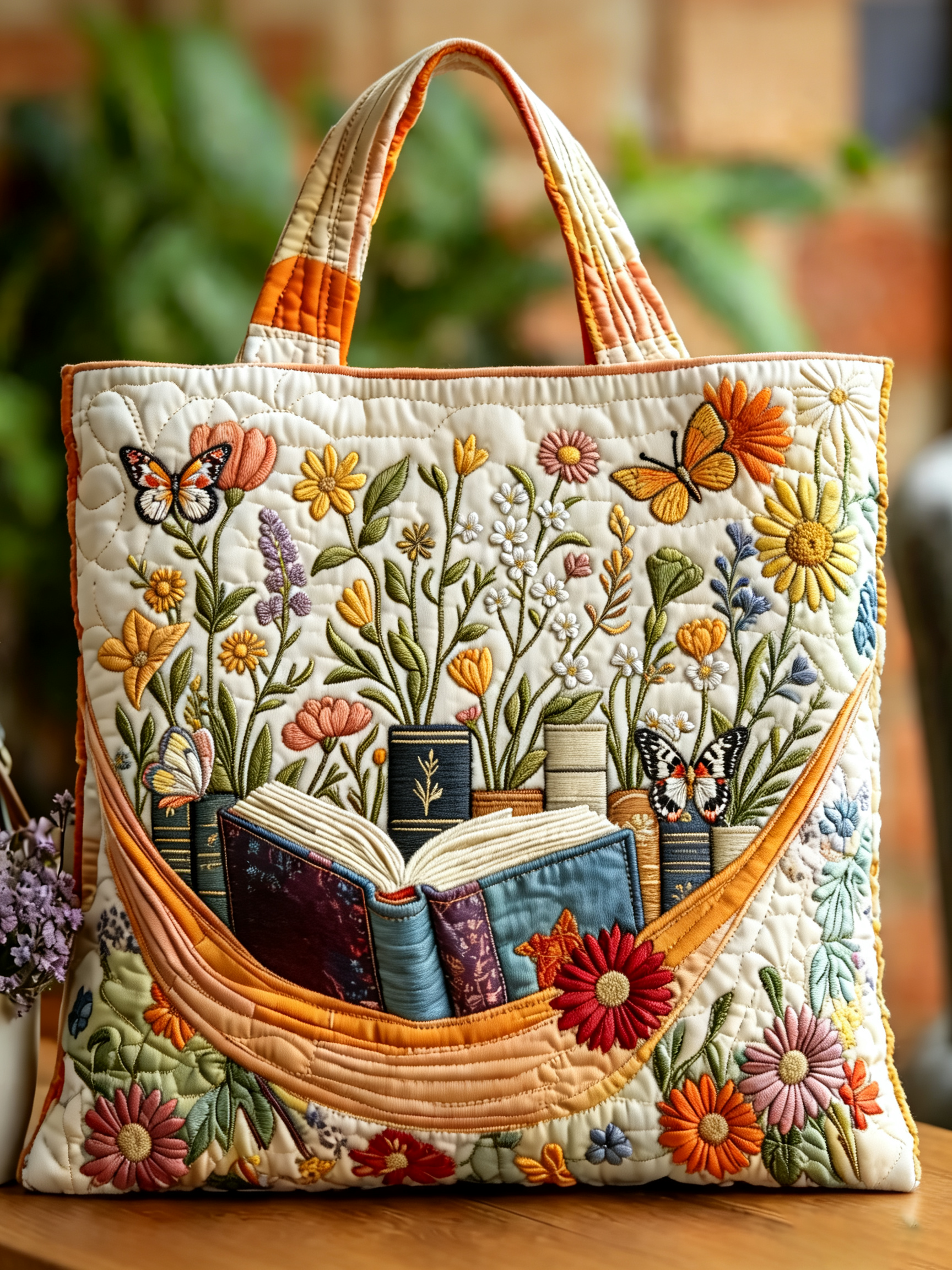 Handmade Book & Wildflower Butterfly Quilted Tote Bag