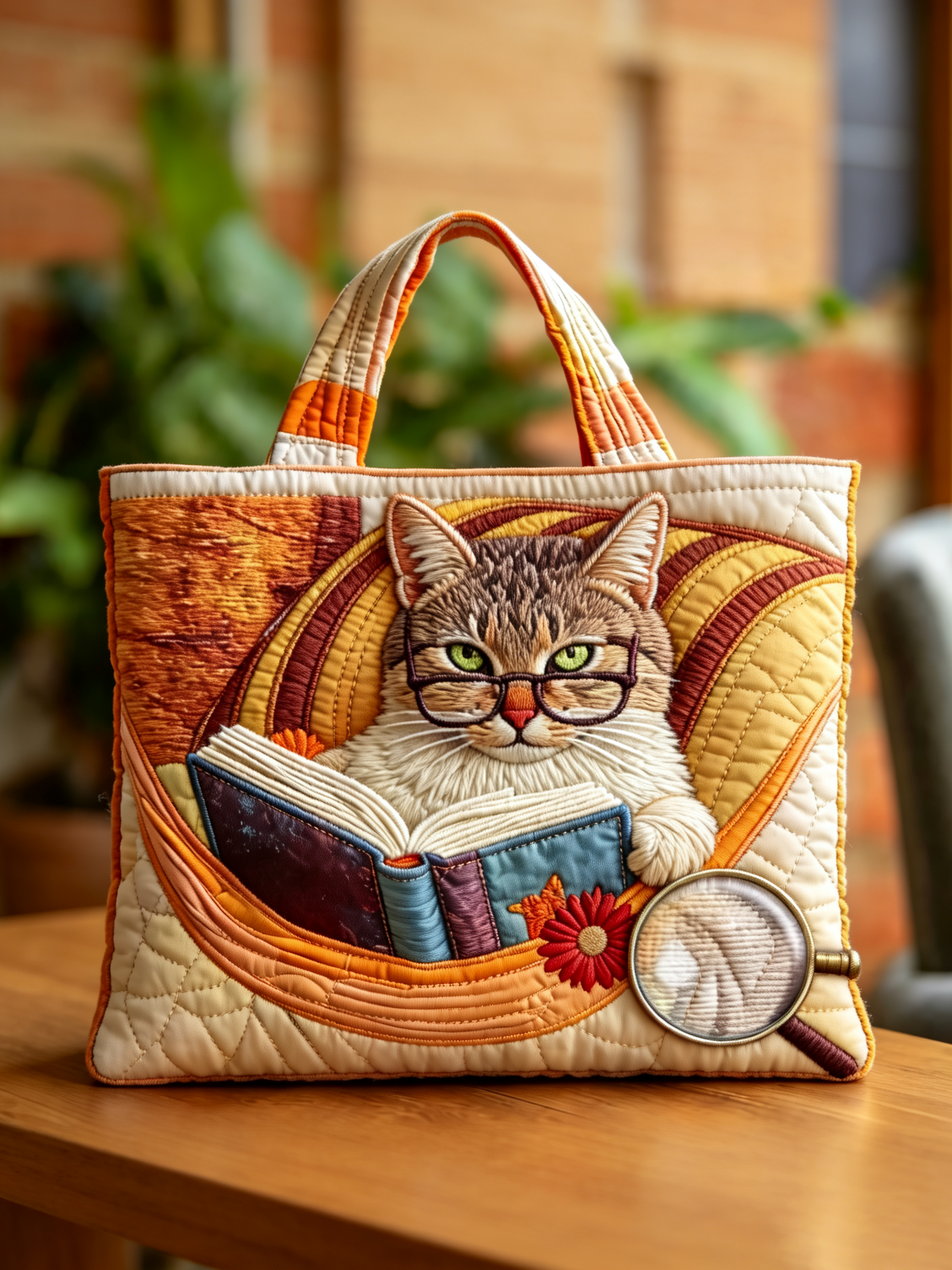 Handmade Book‑Loving Glasses Cat Quilted Tote Bag