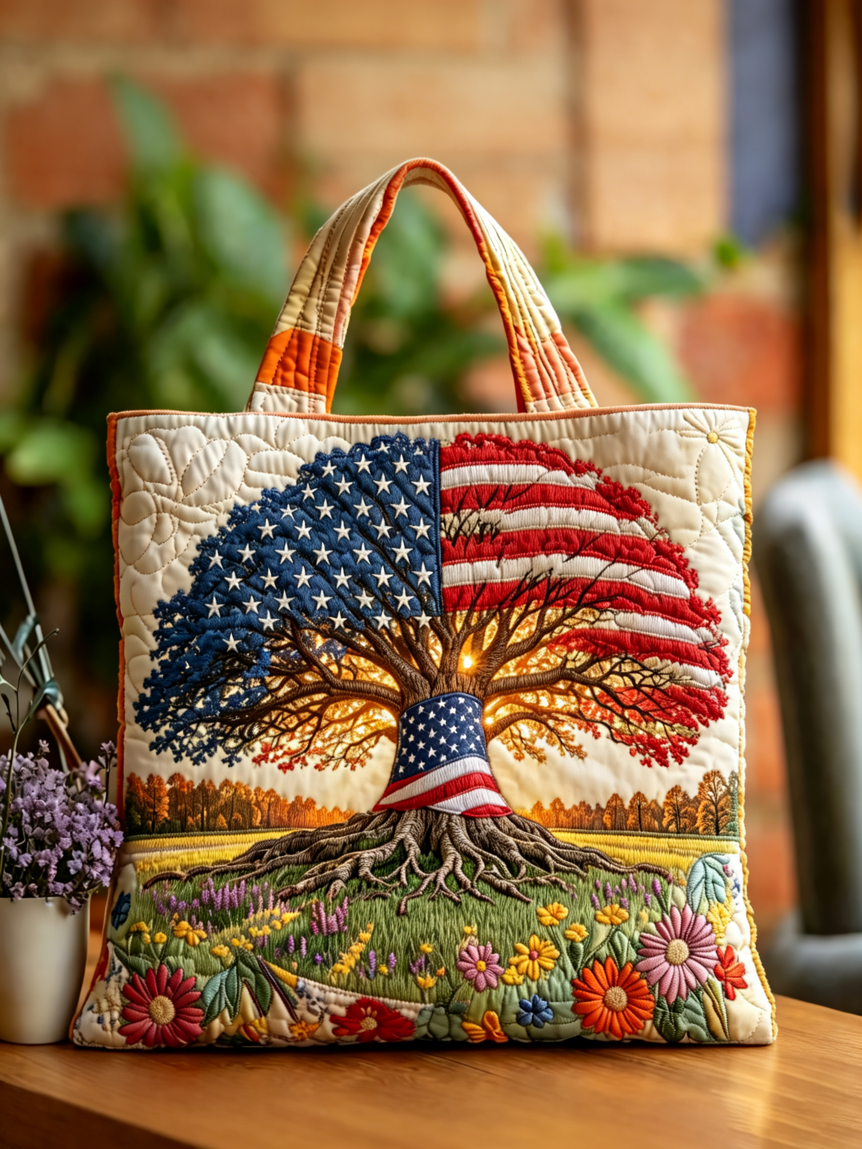 Handmade Patriotic American Flag Tree Quilted Tote Bag