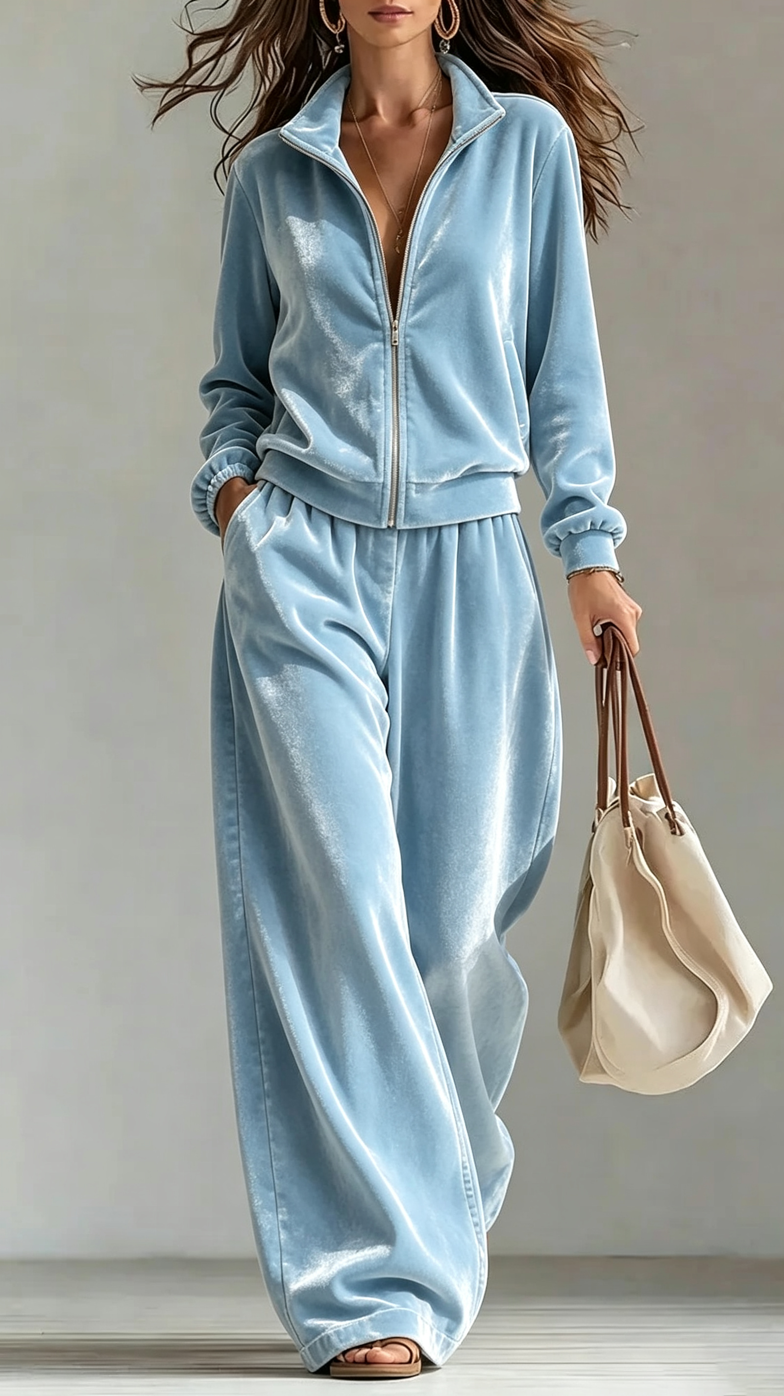 Velour Full‑Zip Stand‑Collar Wide‑Leg Tracksuit Two‑Piece Set