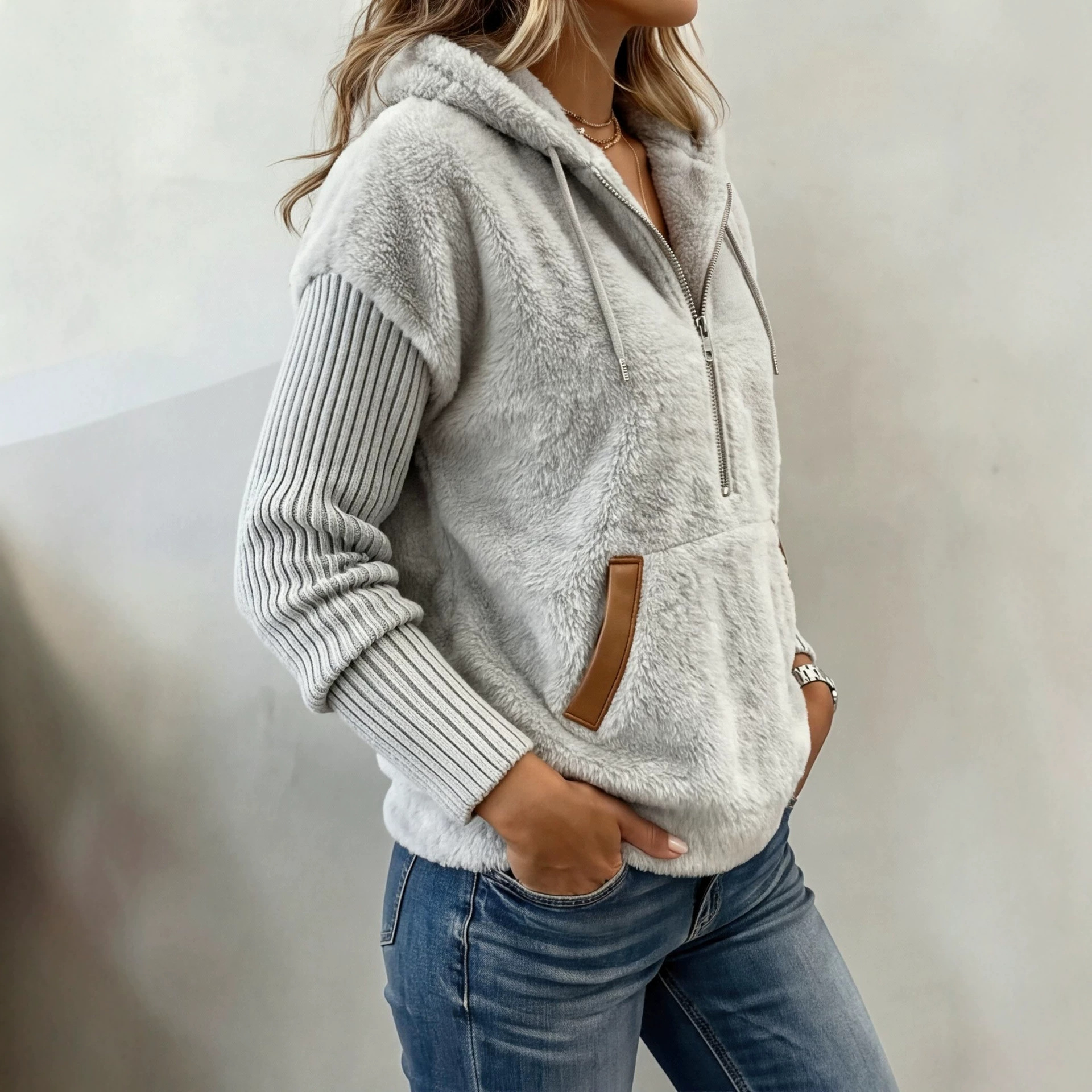 Women's Fleece Patchwork Hooded Sweatshirt Jacket ✨🧥