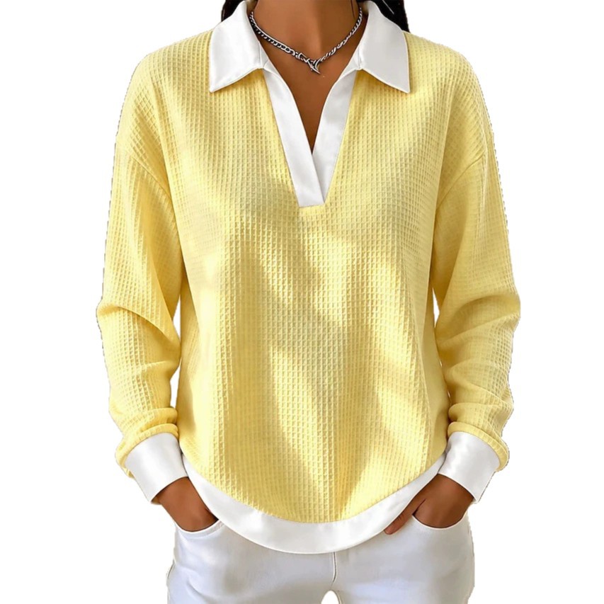 👚 Women's V-Neck Waffle-Knit Contrast Loose-Fit Casual Collared Long-Sleeve Sweatshirt 🤍