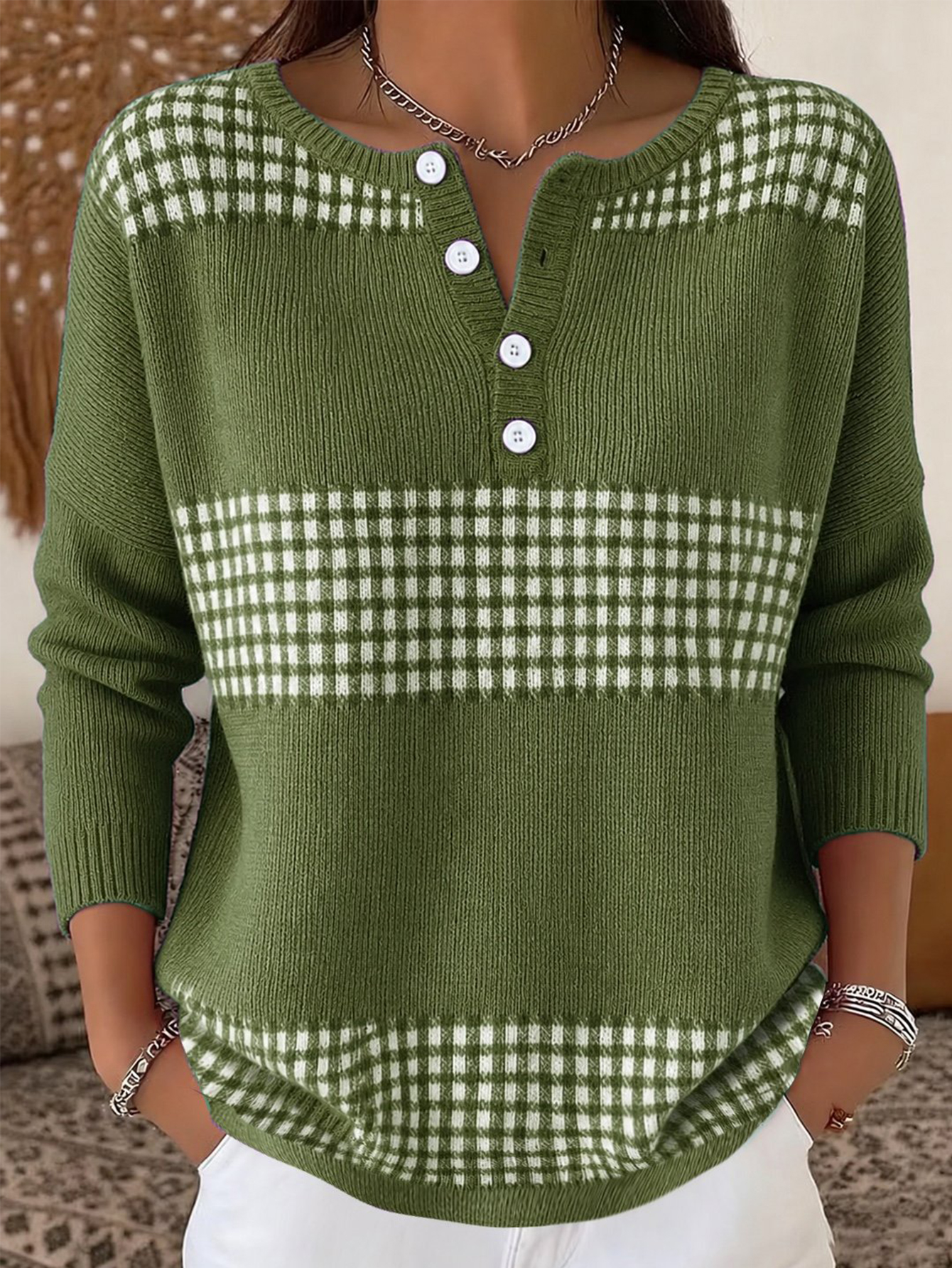 Women’s Half-Button Round Neck Plaid Colorblock Knit Sweater