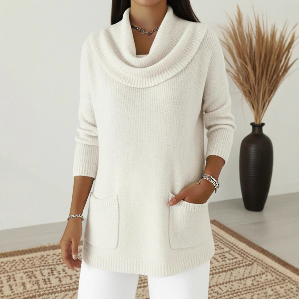 Relaxed Cowl Neck Knit Sweater with Pockets