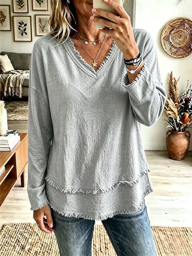 Women’s Fringe Trim V Neck Long Sleeve Top Casual Loose Fit Textured Blouse