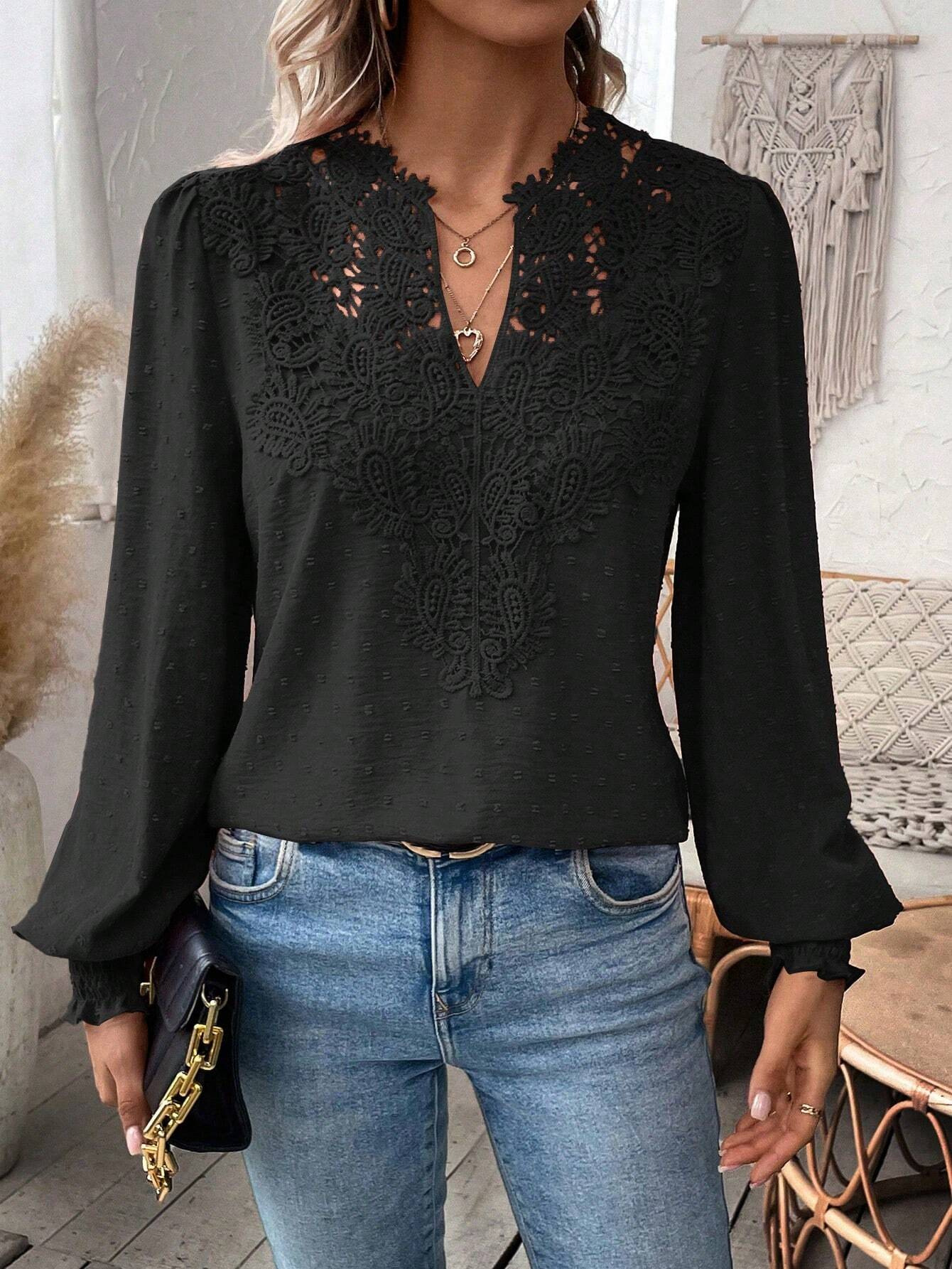 Women’s Lace Patchwork V Neck Blouse, Swiss Dot Puff Long Sleeve Casual Top