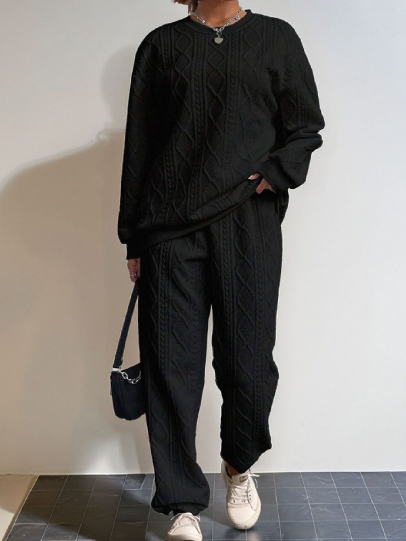 Women’s Textured Crewneck Sweatshirt & Jogger Pants Set Casual Loungewear Outfit