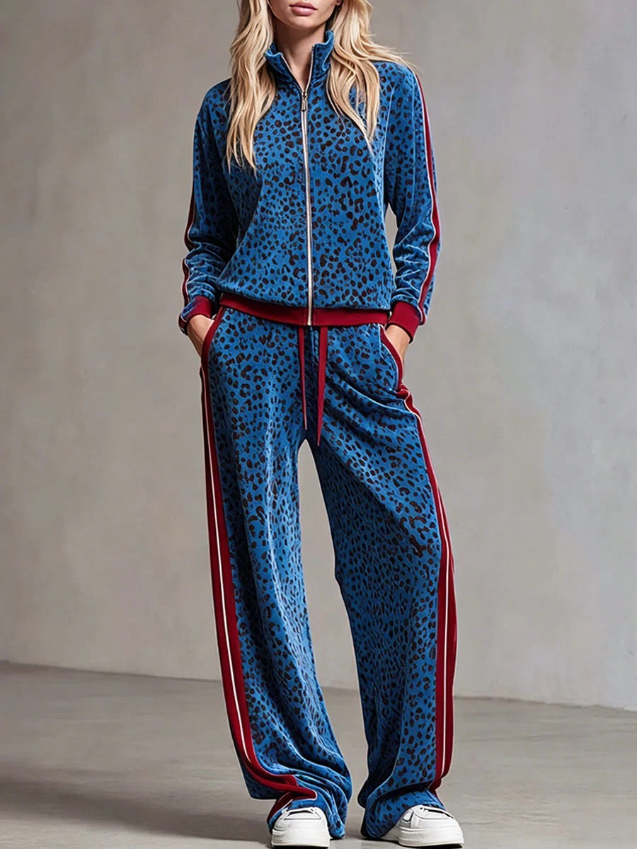 🐆 Women’s Leopard Print Velour Tracksuit Zip‑Up Jacket & Wide Leg Pants 2‑Piece Outfit