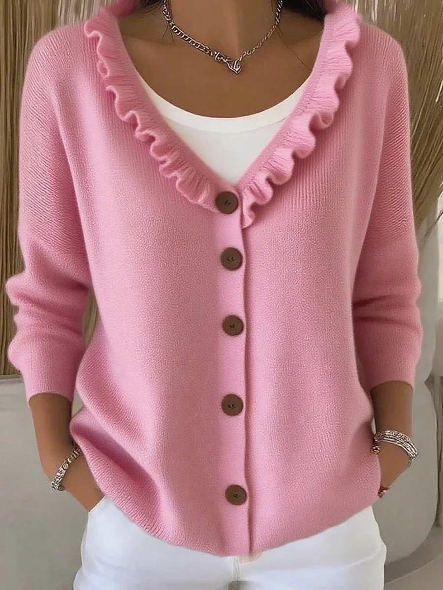 Women's Ruffle Trim V-Neck Button-Down Cardigan - Casual Soft Knit Sweater Top