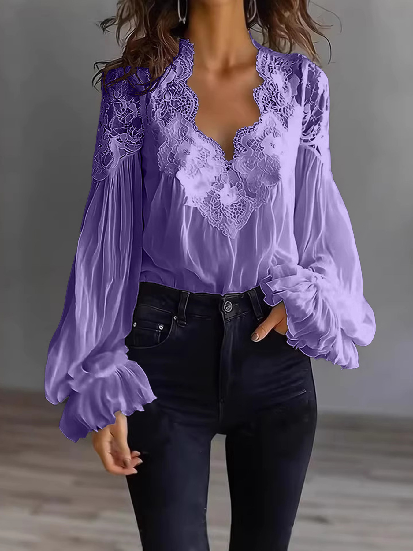Lace V-Neck Lantern Sleeve Blouse