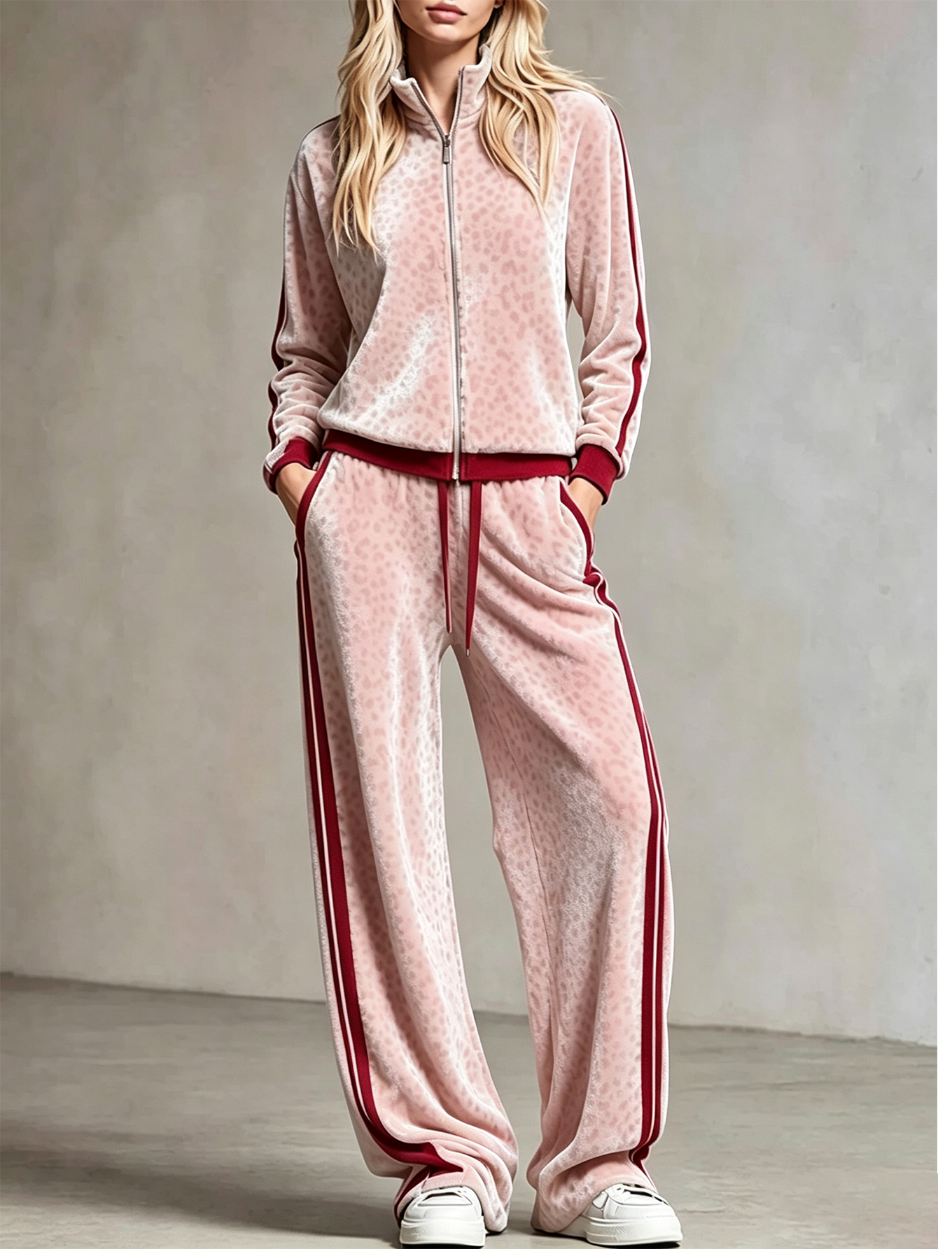 🐆 Women’s Leopard Print Velour Tracksuit Zip‑Up Jacket & Wide Leg Pants 2‑Piece Outfit